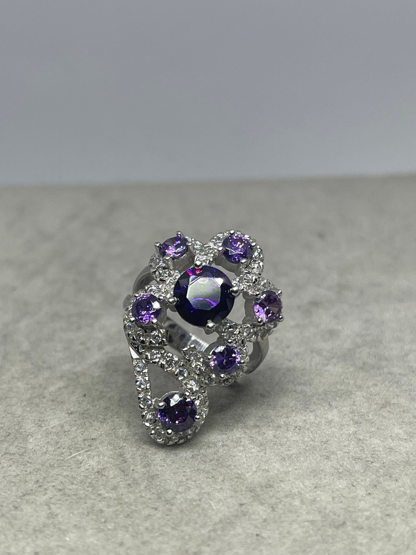 Purple & White Cubic Zirconia Sterling Silver Glam Ring (Size 7.25)