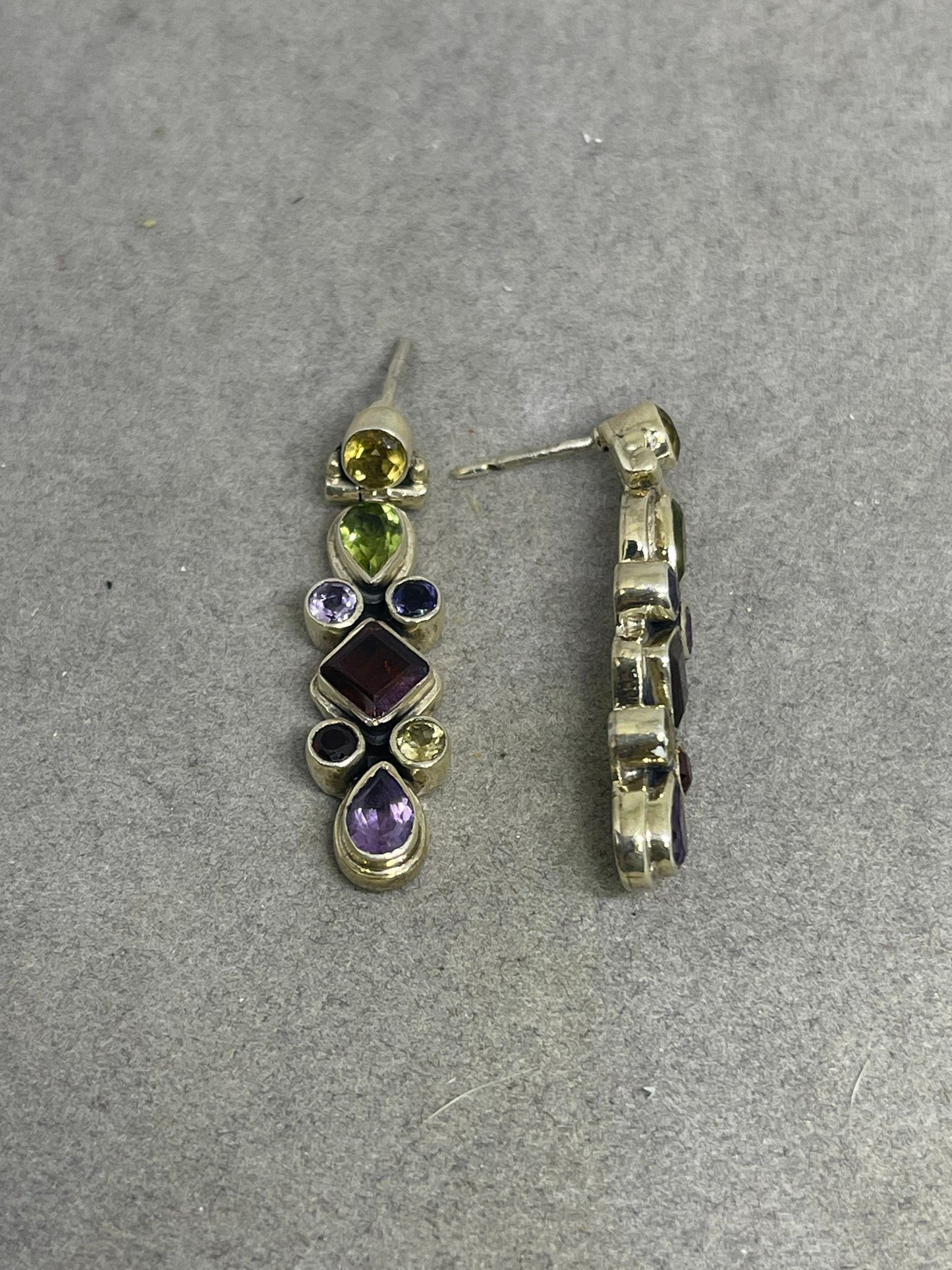 Natural Amethyst Citrine Garnet Peridot & Iolite Sterling Silver Dangle Earrings