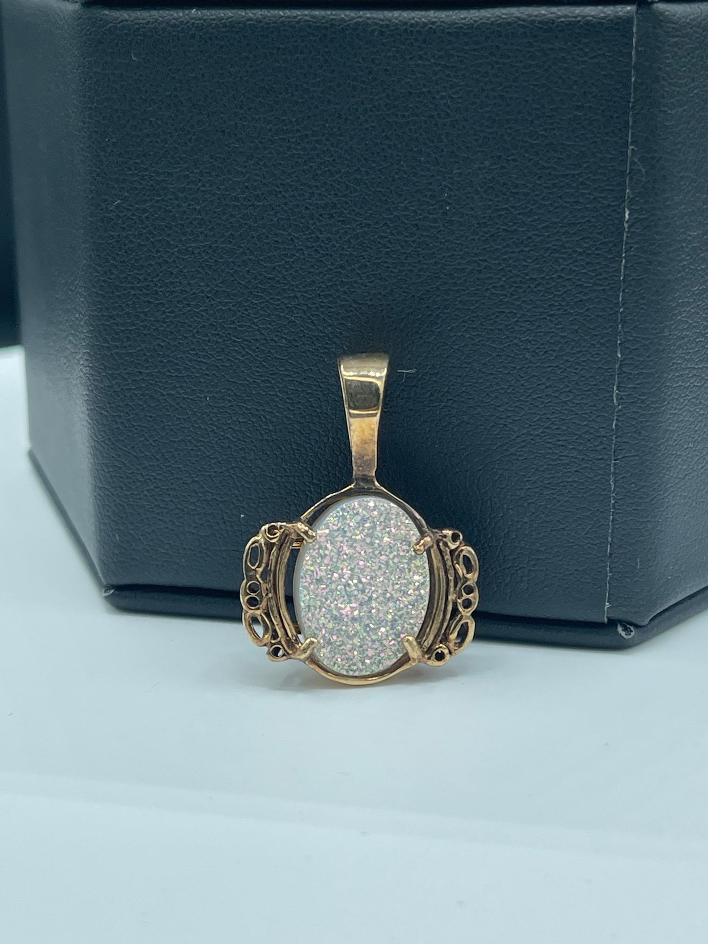 White Druzy Quartz 14k Yellow Gold Pendant