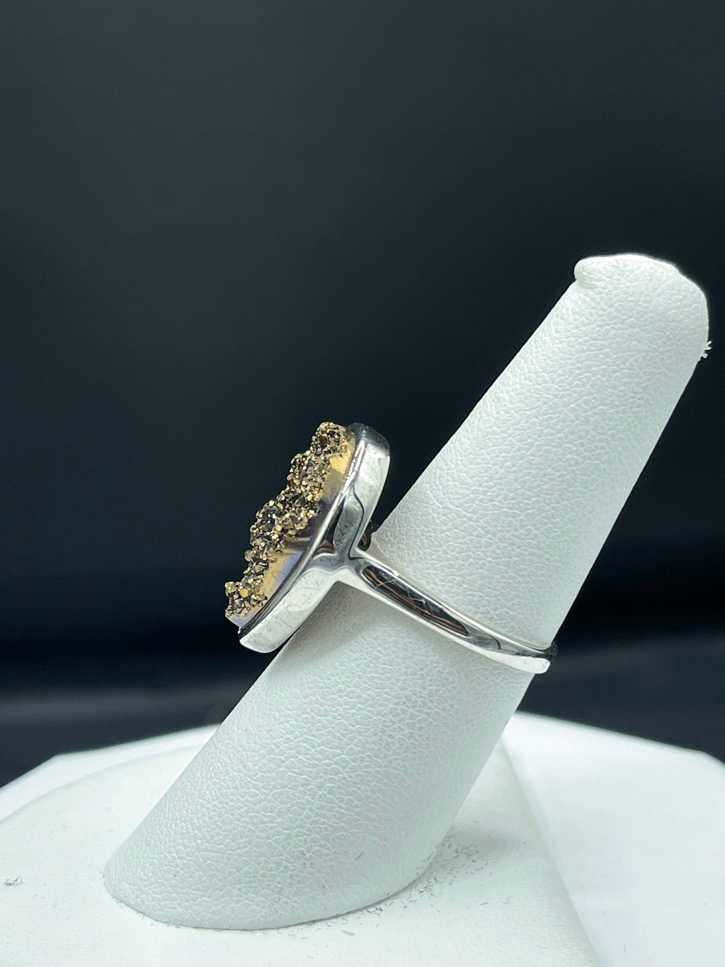 Pear Gold Druzy Quartz Sterling Silver Ring (Size 6.5)