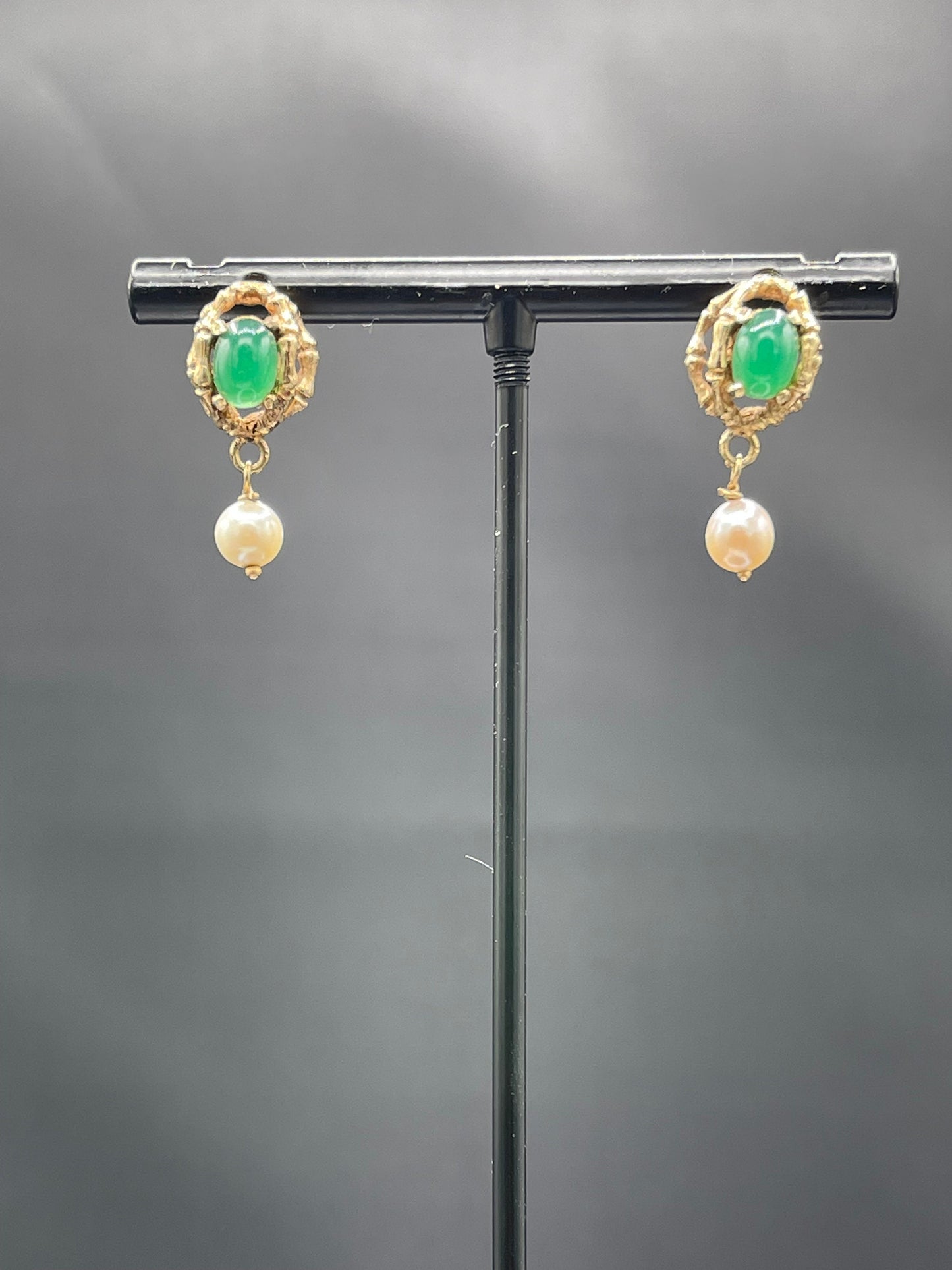 Natural Cabochon Emerald & Cultured Pearl 14k Yellow Gold Dangle Earrings
