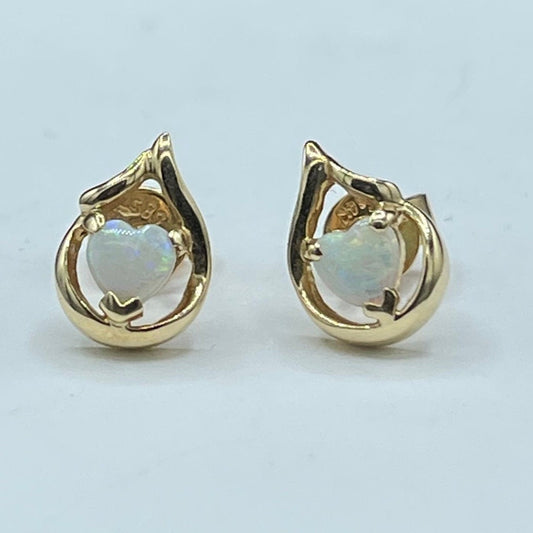 0.50 Carat Natural Australian Opal Heart Custom Cut 14k Yellow Gold Stud Earrings
