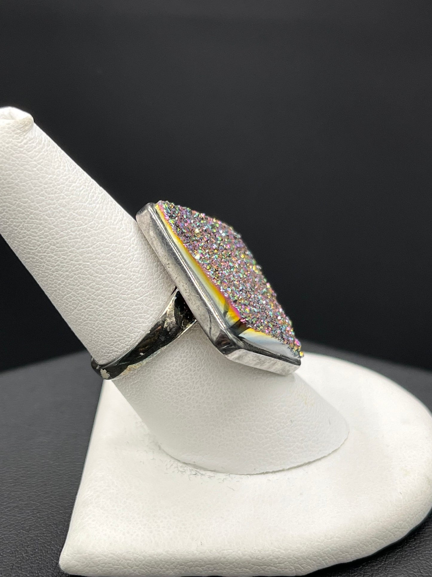 Peacock Druzy Quartz Sterling Silver Ring (Size 7.5)