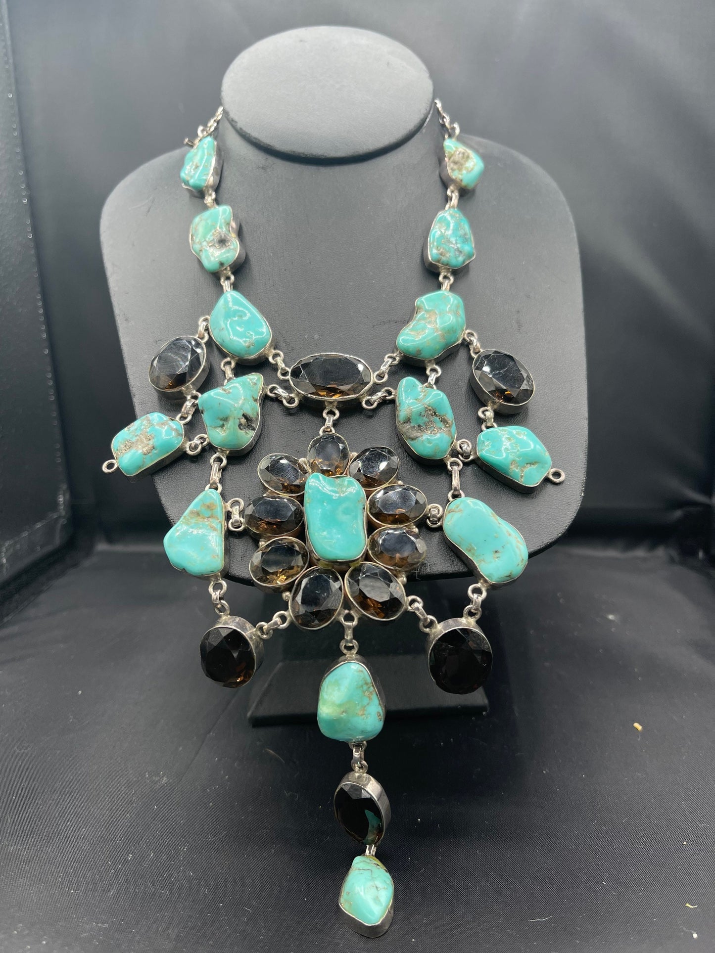 Natural Turquoise & Smokey Quartz Sterling Silver Adjustable Bib Necklace