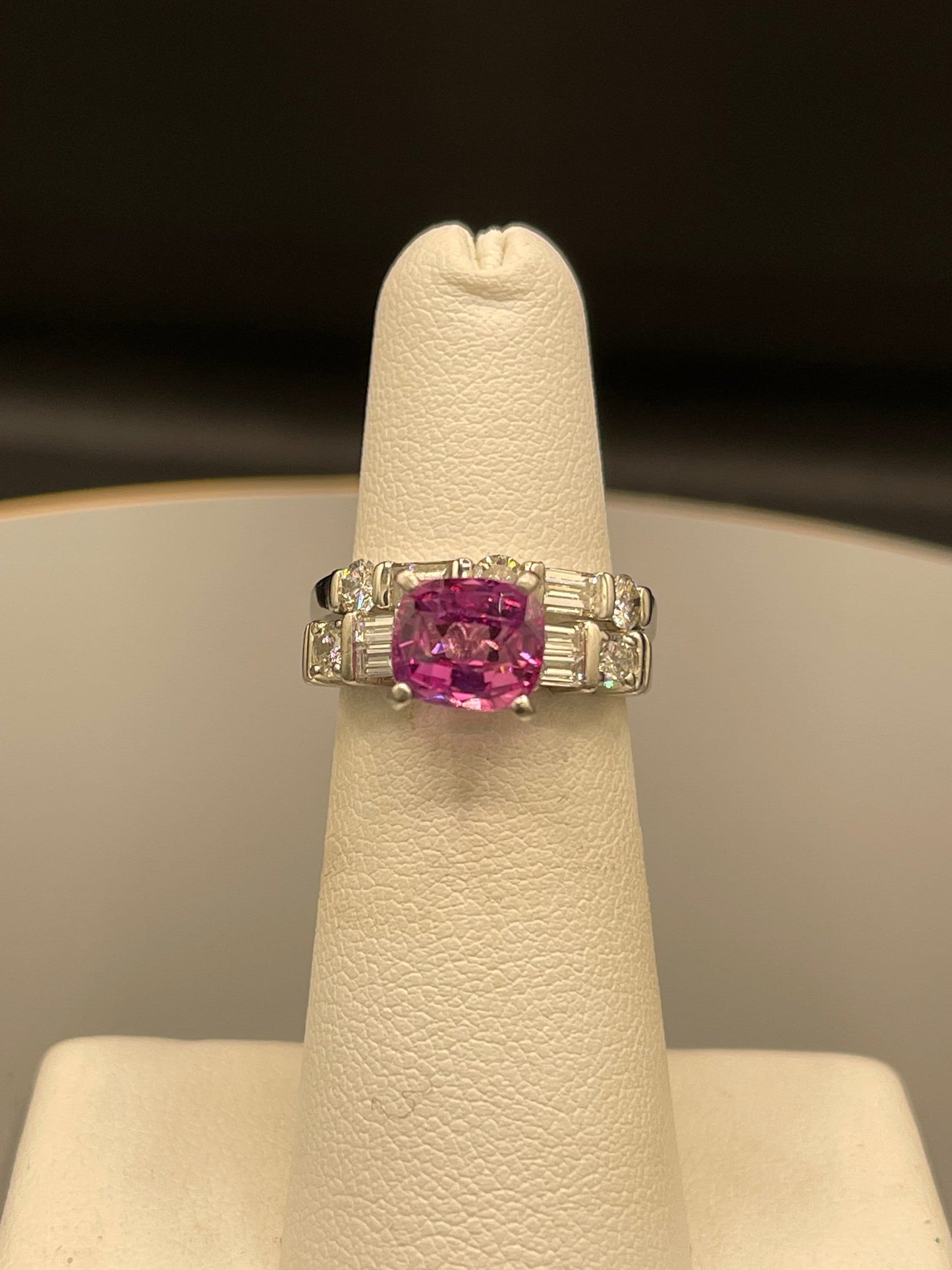 Natural Pink Sapphire & Diamond Platinum Engagement Ring And Wedding Band Set (Size 5)