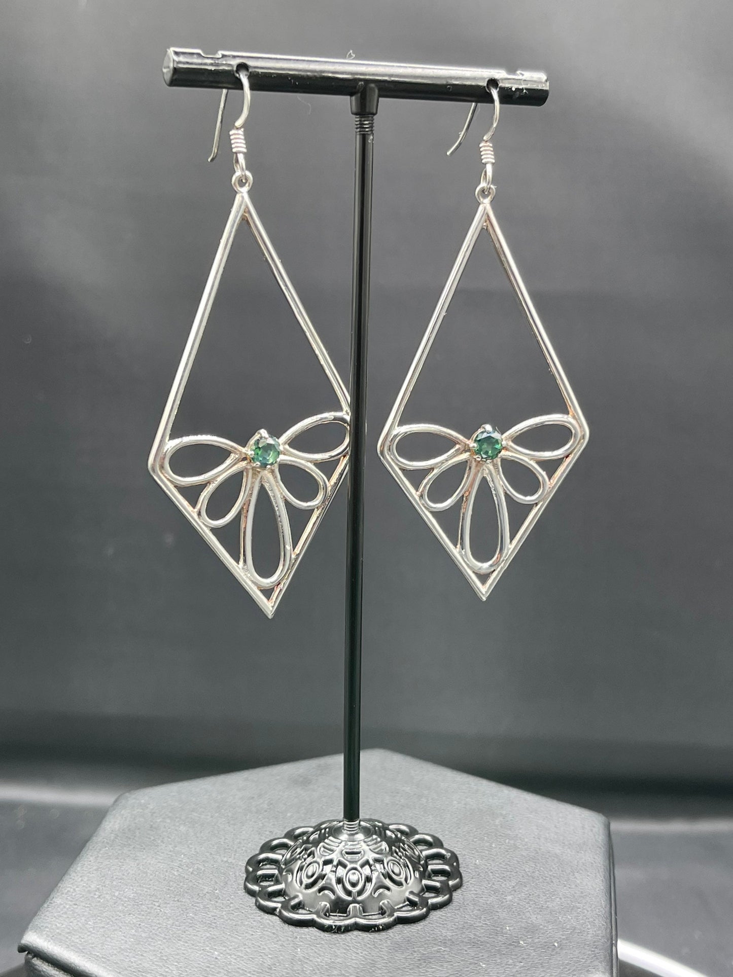 Large Green Quartz Sterling Silver Butterfly Dangle Earrings