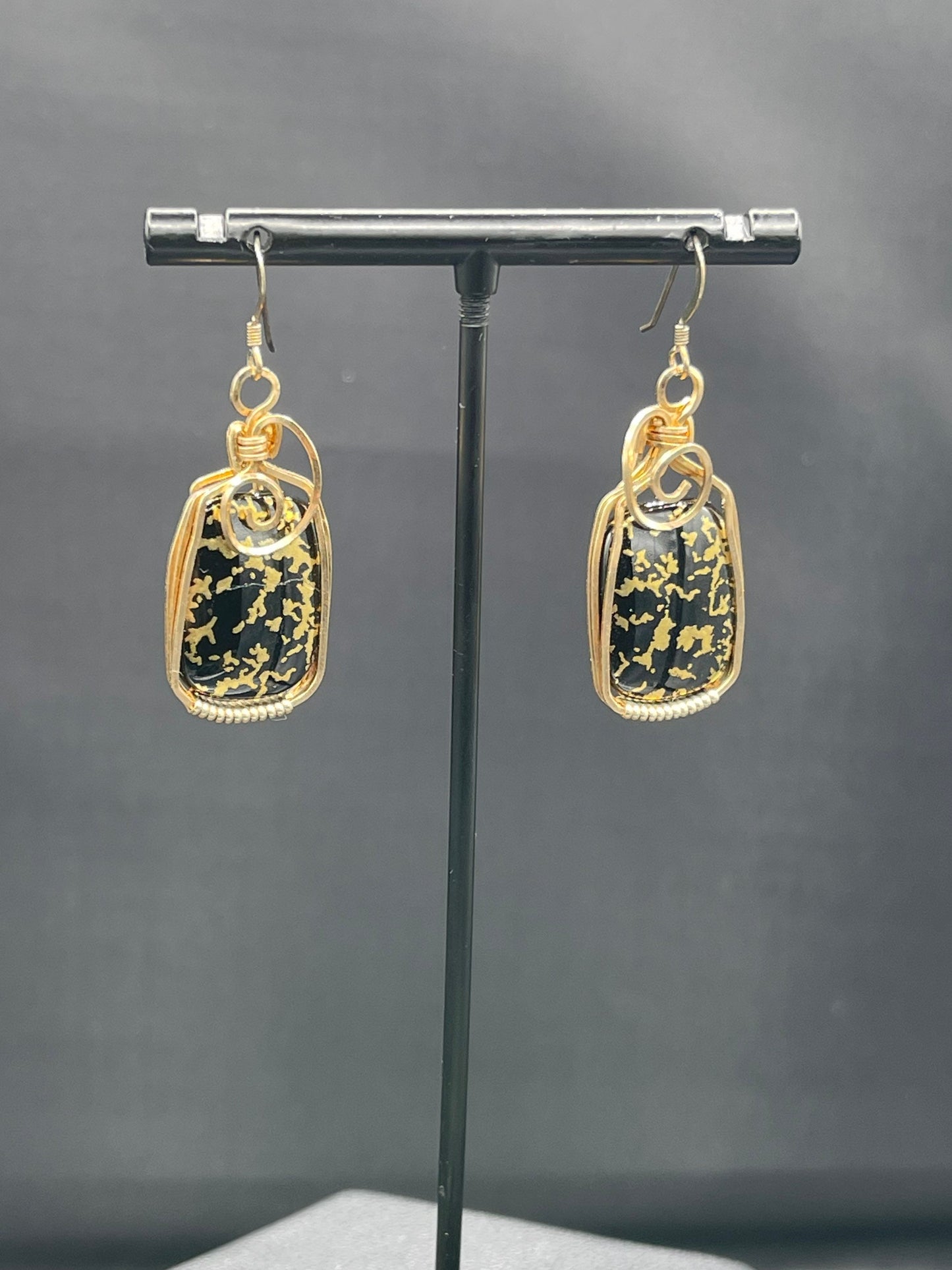 24K Black Jade 14K GF Wire Wrapped Dangle Earrings