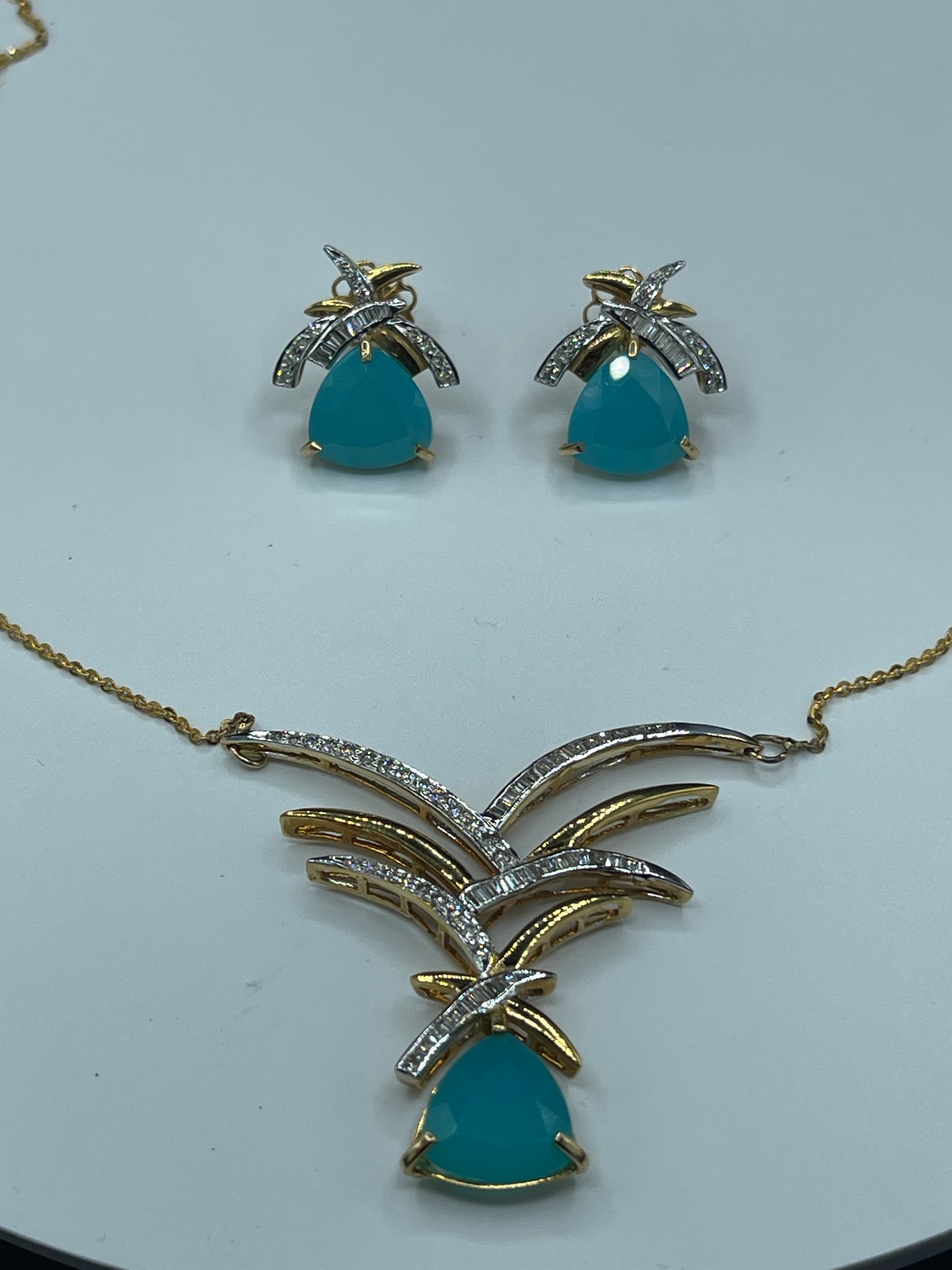 13.58 Carat Natural Paraiba Chalcedony & Diamond 18k Yellow + White Gold Necklace + Earring Set
