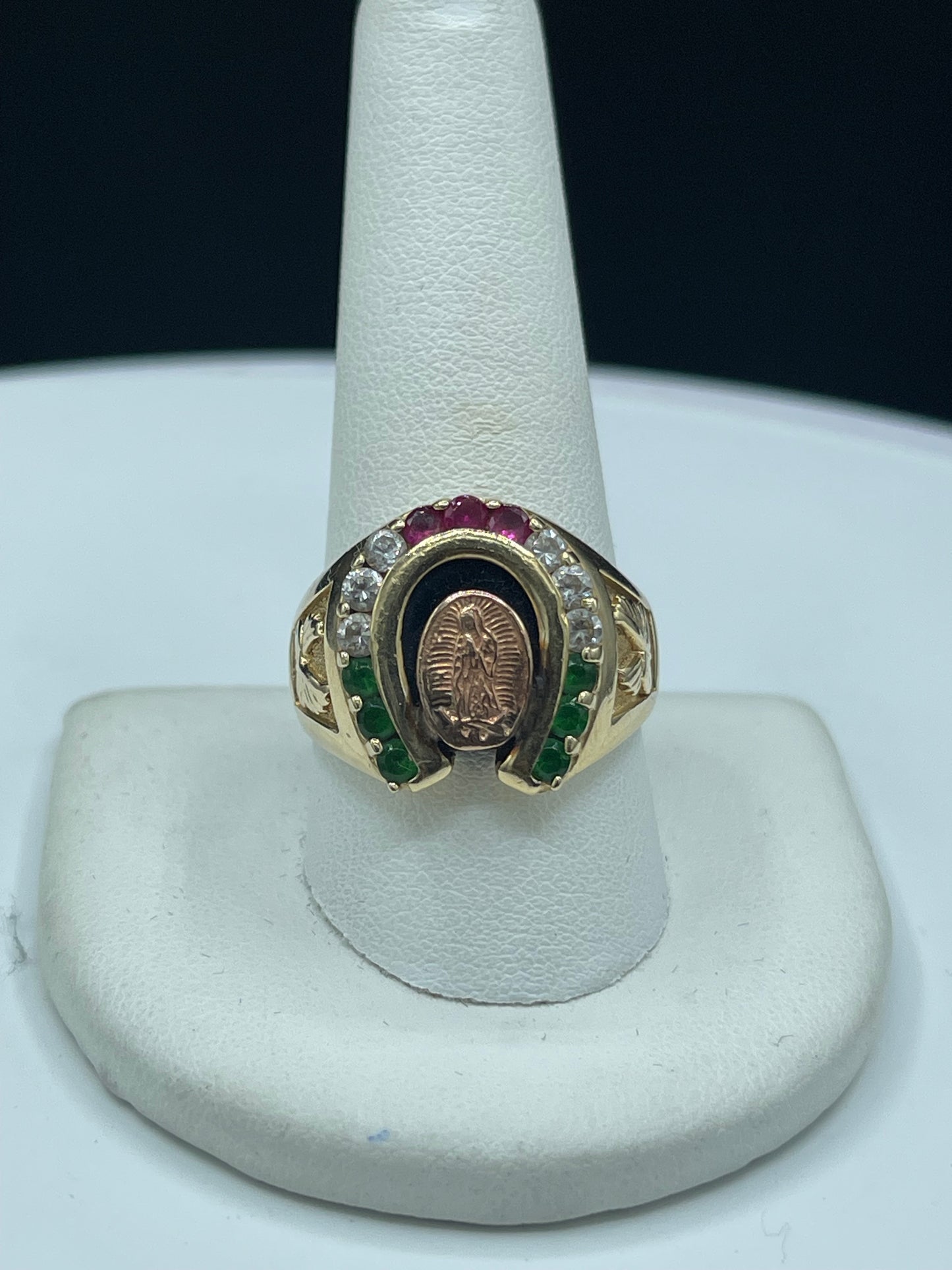 Virgin Mary 14k Yellow + Rose Gold Natural Diamond Emerald & Ruby Statement Ring (Size 10.5)