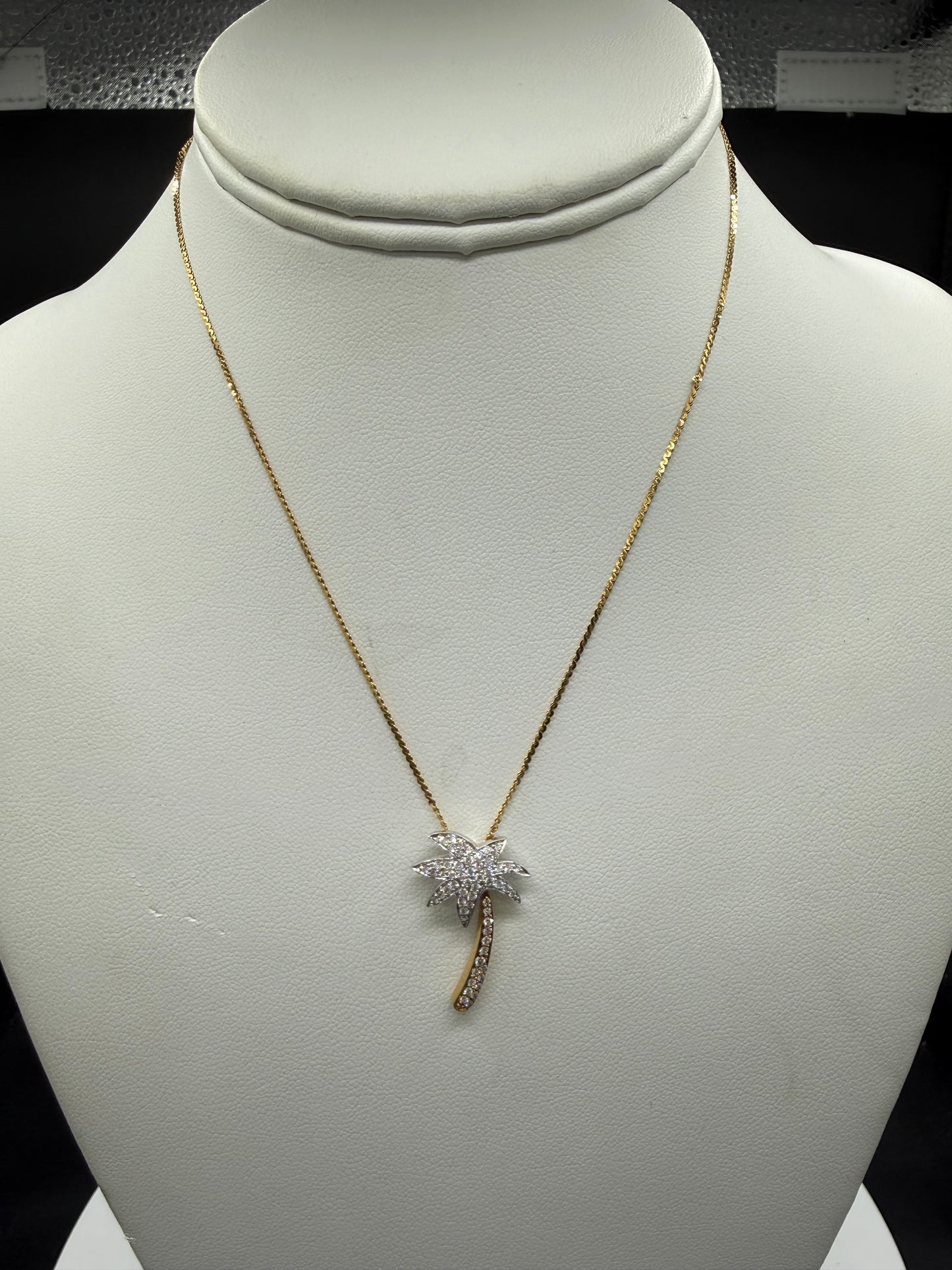 Natural Diamond Palm Tree 18K Yellow + White Gold Pendant & Necklace