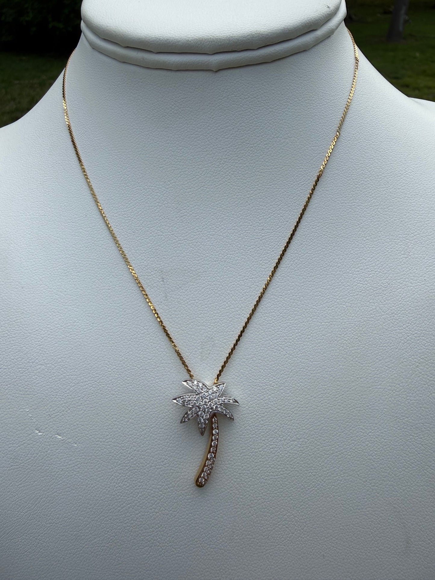 Natural Diamond Palm Tree 18K Yellow + White Gold Pendant & Necklace