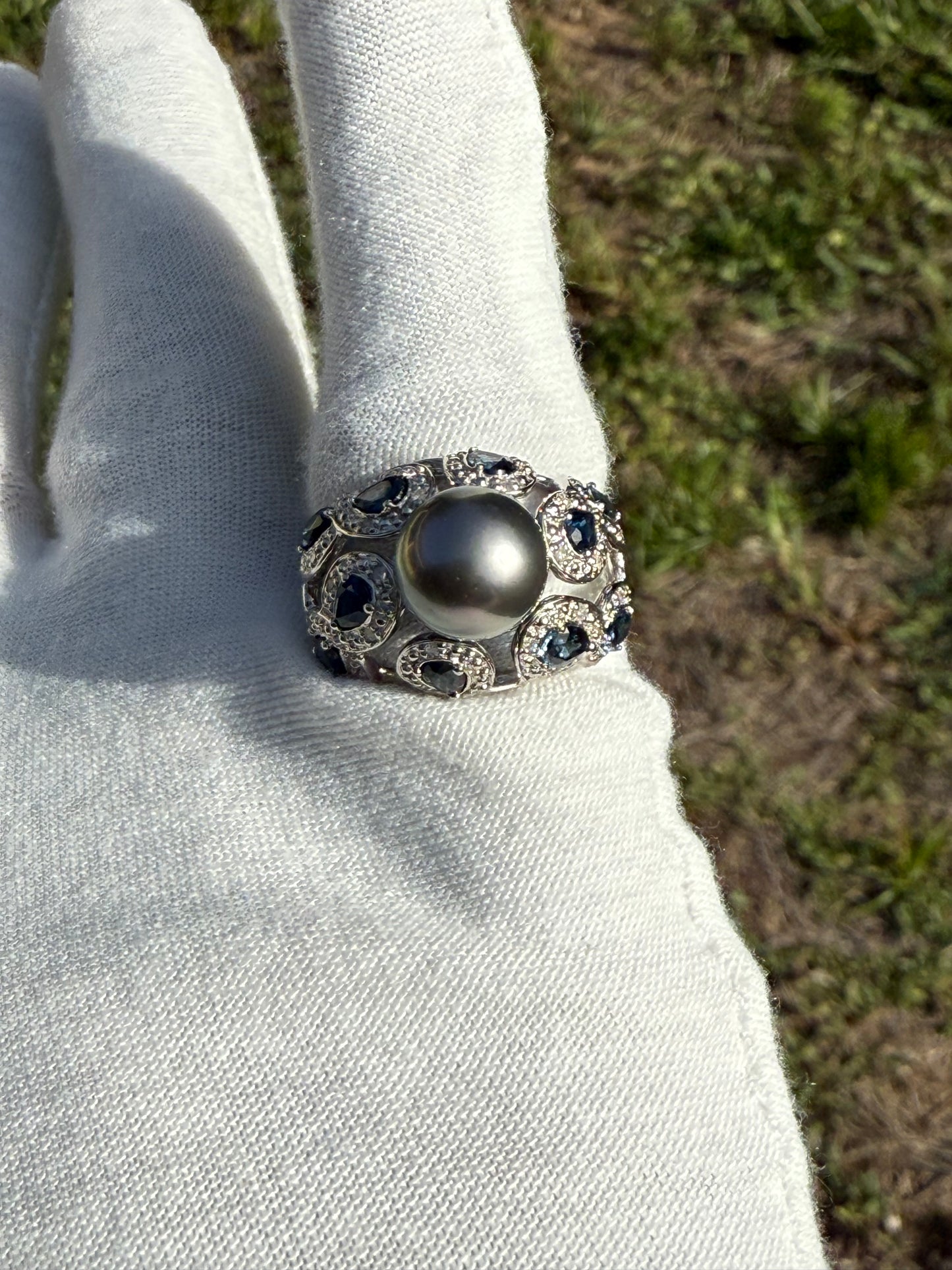 Vintage Tahitian Pearl & Blue Sapphire Ring 14K White Gold by Leer Tokyo | 2.20ct Pear Sapphires, 0.15ct Diamonds, Size 7.5