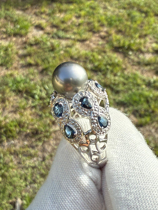 Vintage Tahitian Pearl & Blue Sapphire Ring 14K White Gold by Leer Tokyo | 2.20ct Pear Sapphires, 0.15ct Diamonds, Size 7.5