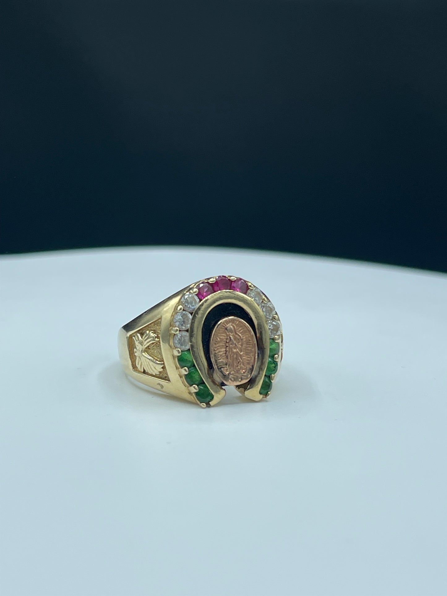 Virgin Mary 14k Yellow + Rose Gold Natural Diamond Emerald & Ruby Statement Ring (Size 10.5)