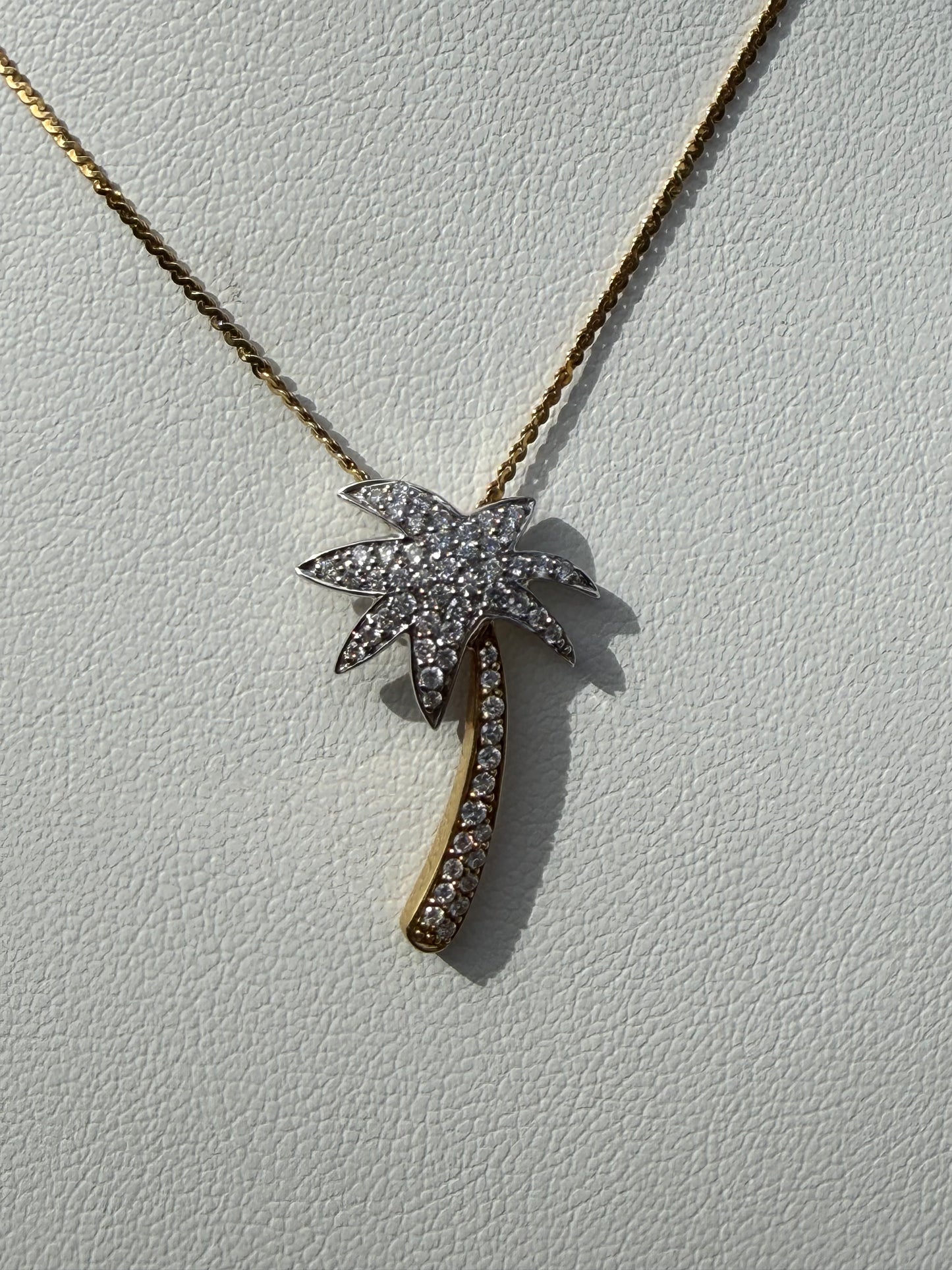 Natural Diamond Palm Tree 18K Yellow + White Gold Pendant & Necklace
