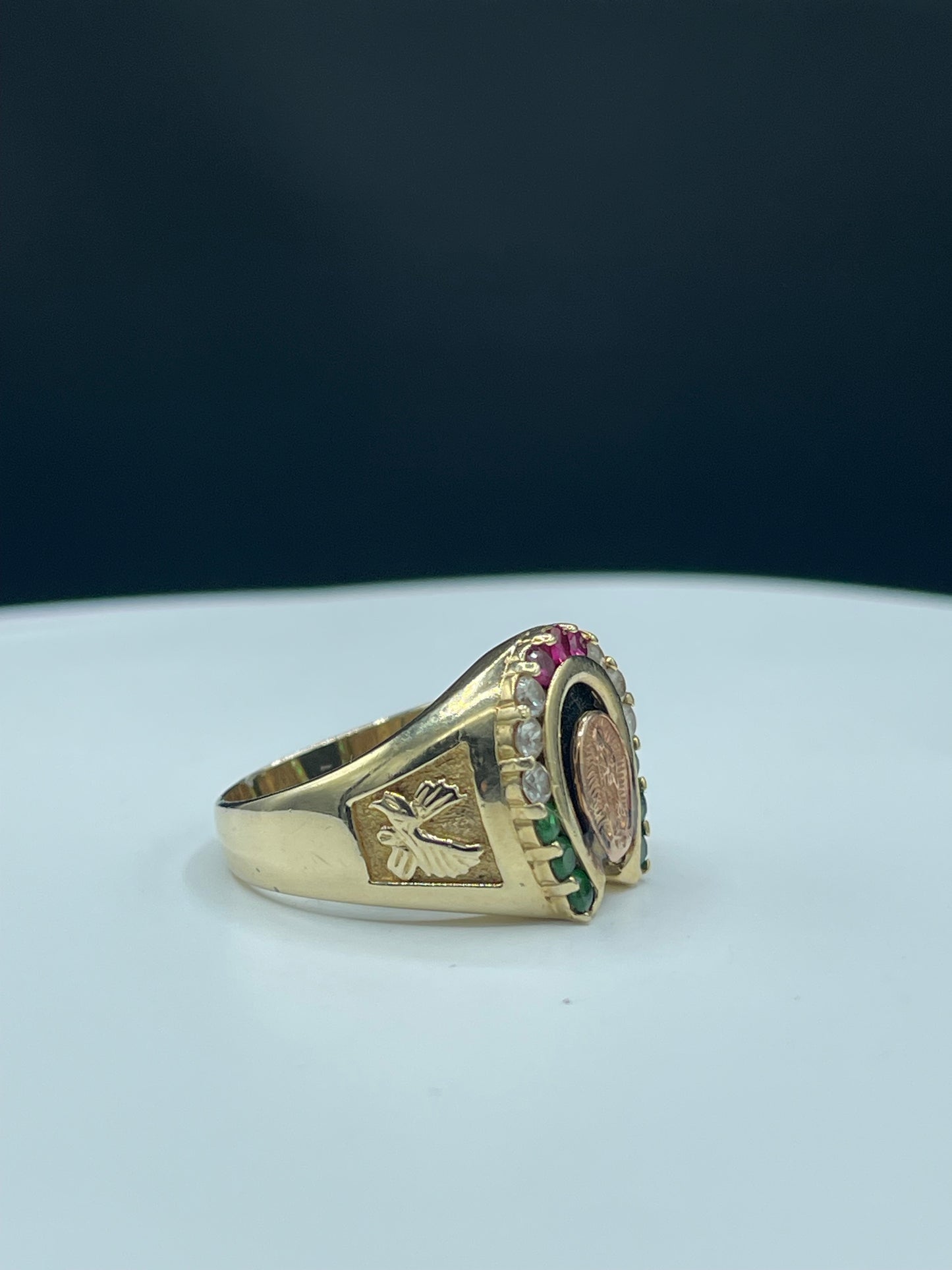 Virgin Mary 14k Yellow + Rose Gold Natural Diamond Emerald & Ruby Statement Ring (Size 10.5)