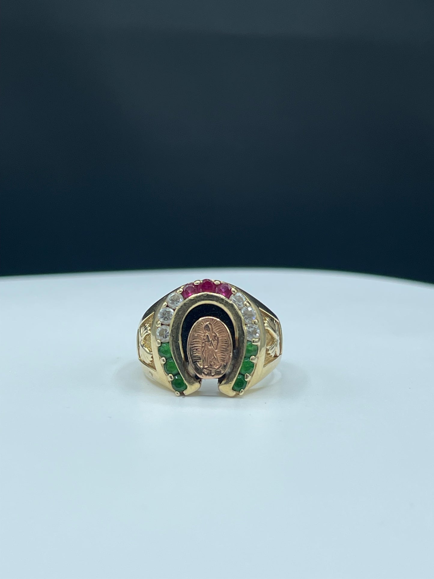 Virgin Mary 14k Yellow + Rose Gold Natural Diamond Emerald & Ruby Statement Ring (Size 10.5)