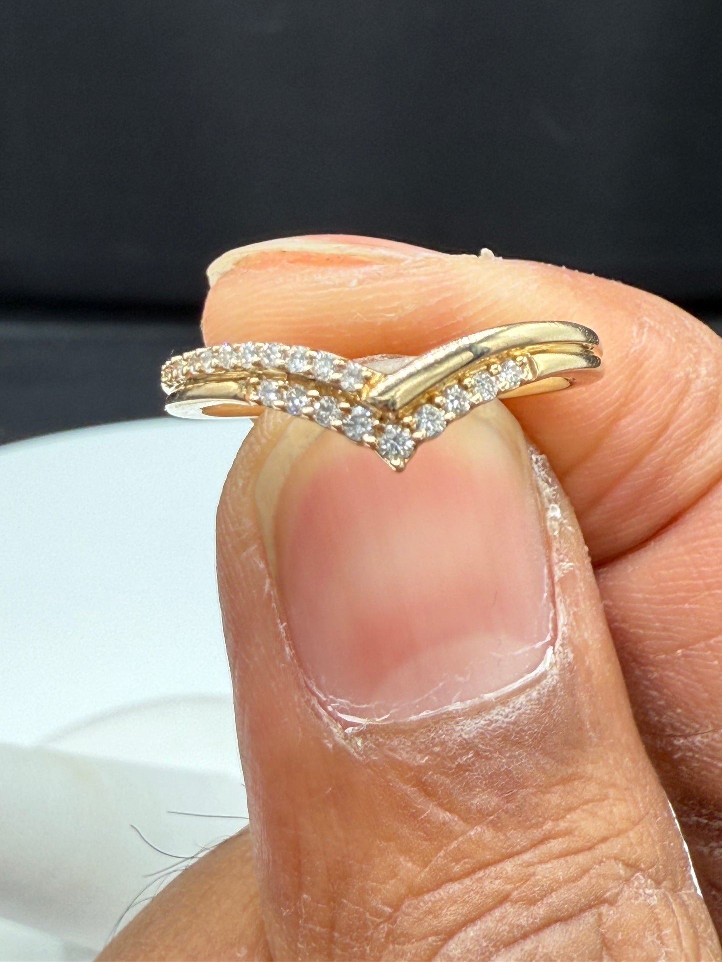 Natural Diamond 14k Yellow Gold Chevron Ring | Petite Designer Stacking Band | Size 7 | Dainty Gold Ring