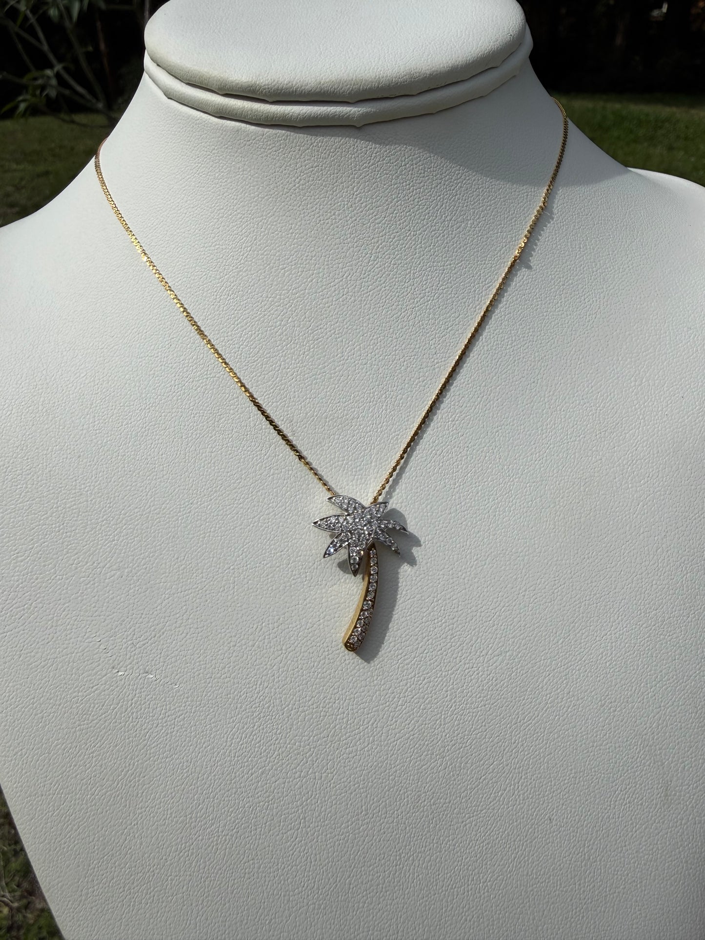 Natural Diamond Palm Tree 18K Yellow + White Gold Pendant & Necklace