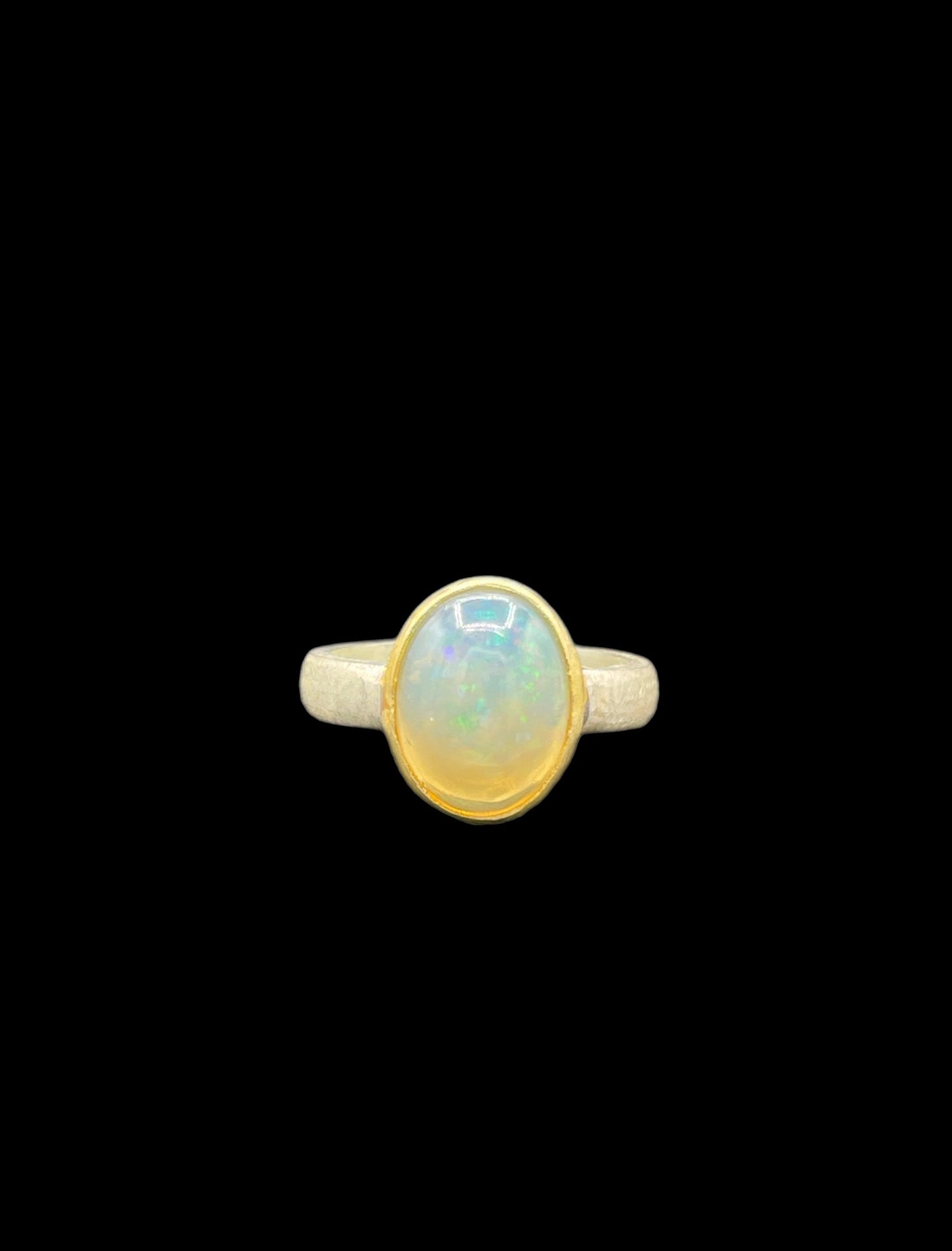 Natural Ethiopian Opal Oval Cut 18k Matte Finish Bezel Sterling Silver Ring (Size 8)