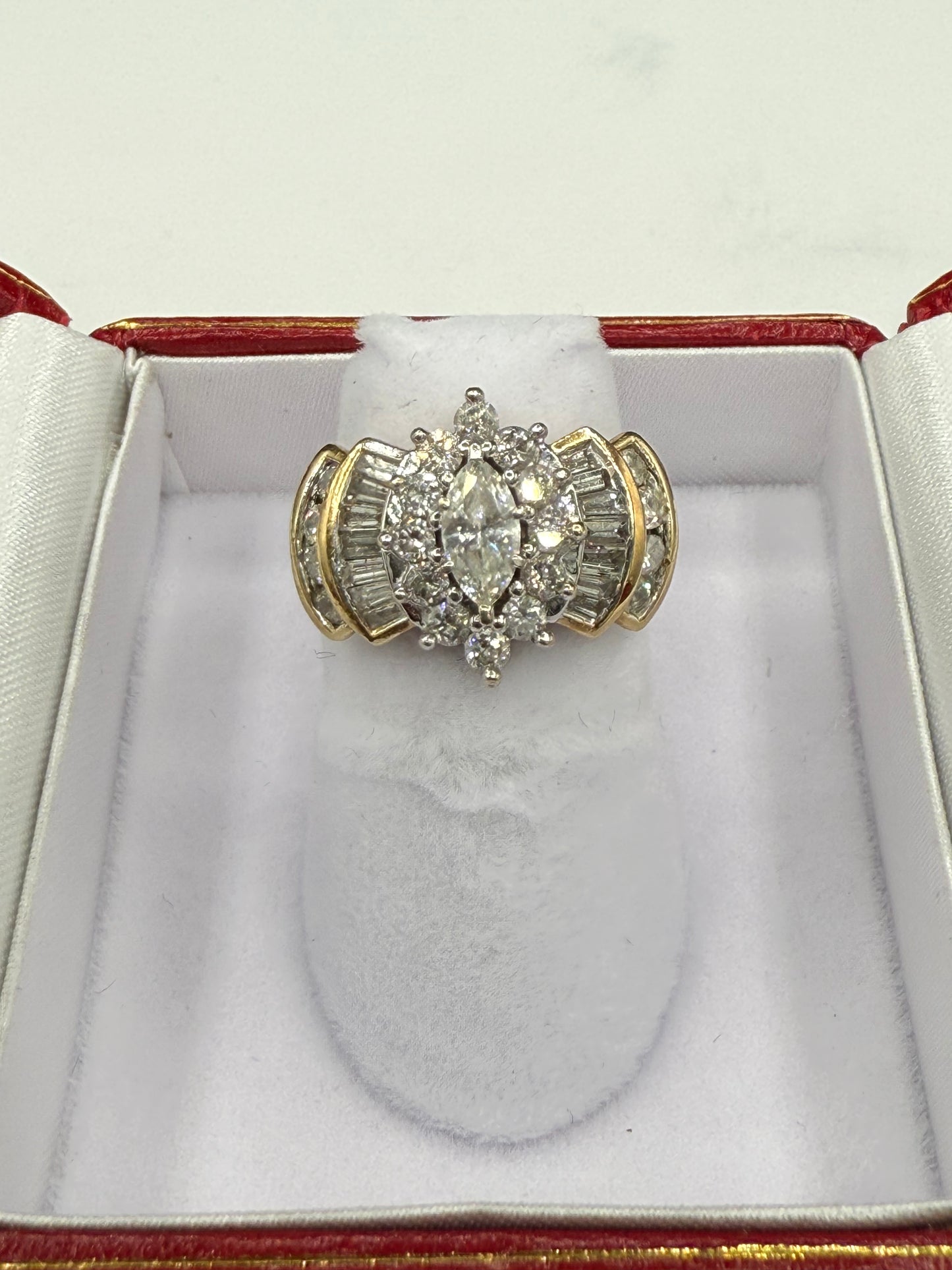 2 Carat Natural Diamond Marquise Baguette & Round 14K Yellow Gold Engagement Cluster Cocktail Ring (Size 5.25)