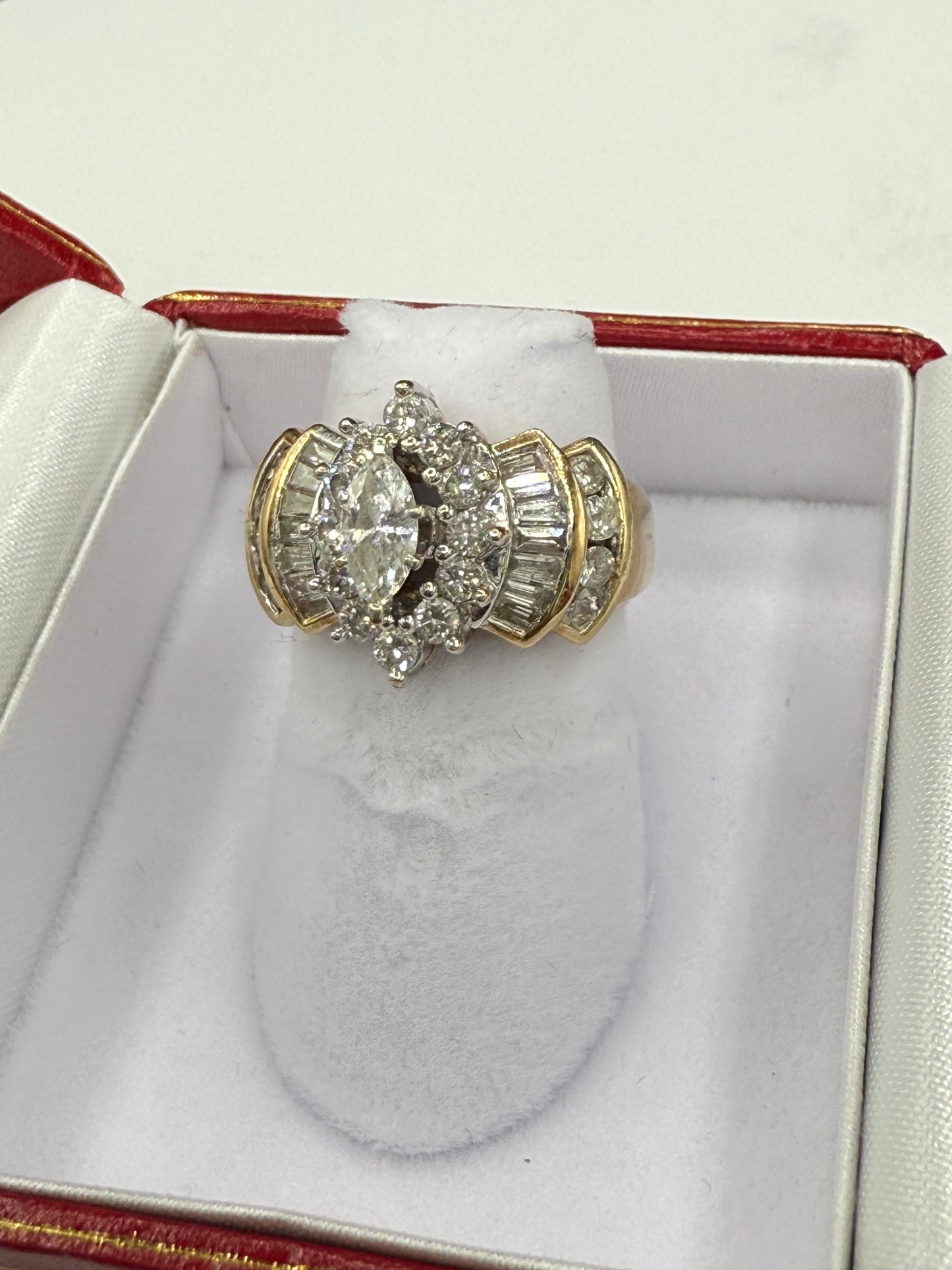 2 Carat Natural Diamond Marquise Baguette & Round 14K Yellow Gold Engagement Cluster Cocktail Ring (Size 5.25)