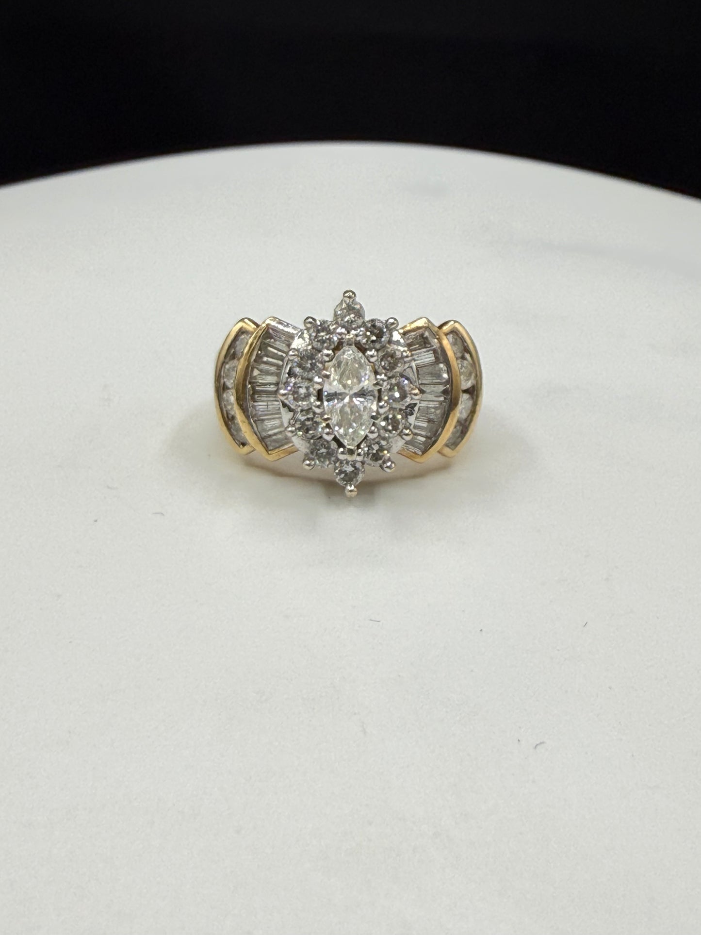 2 Carat Natural Diamond Marquise Baguette & Round 14K Yellow Gold Engagement Cluster Cocktail Ring (Size 5.25)
