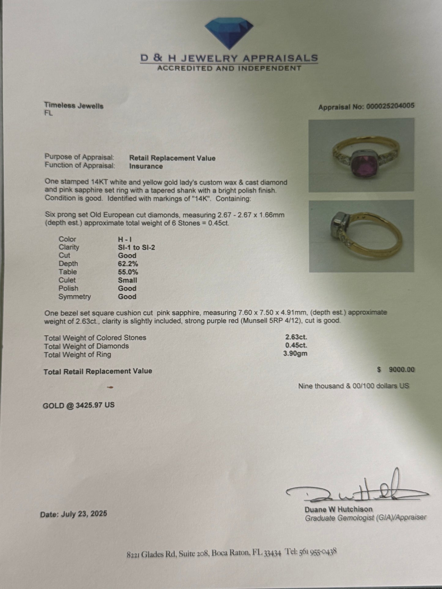 2.72 Carat Natural Pink Sapphire & Diamond Platinum + 14k Yellow Gold Ring (Size 8.5)