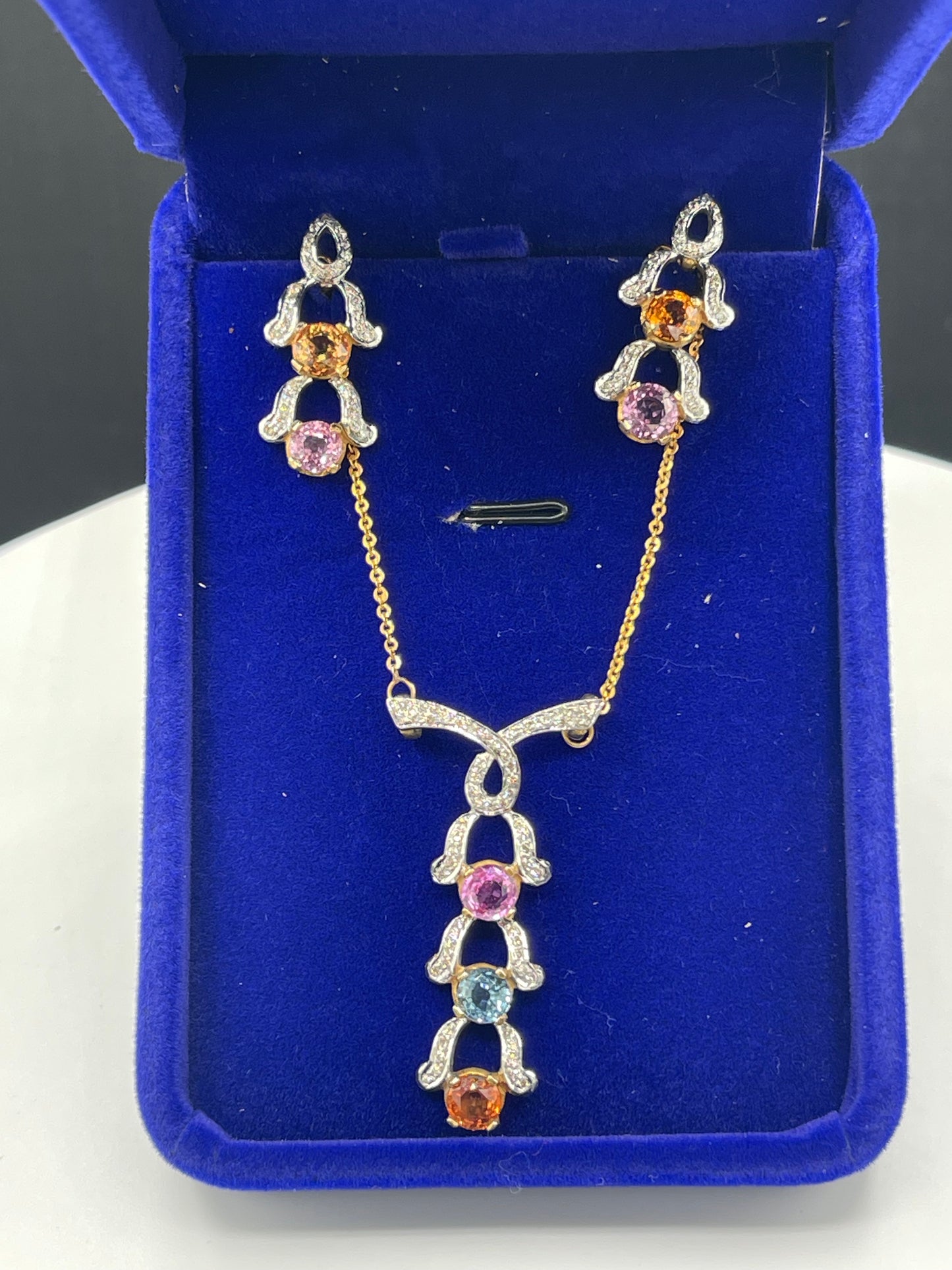 Natural Multi Color Sapphire & Diamond 18k Yellow + White Gold Necklace + Earring Set