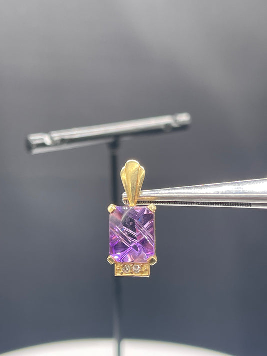 Elegant Laser Cut Natural Amethyst & Diamond 14k Yellow Gold Pendant - 3.20 Carats