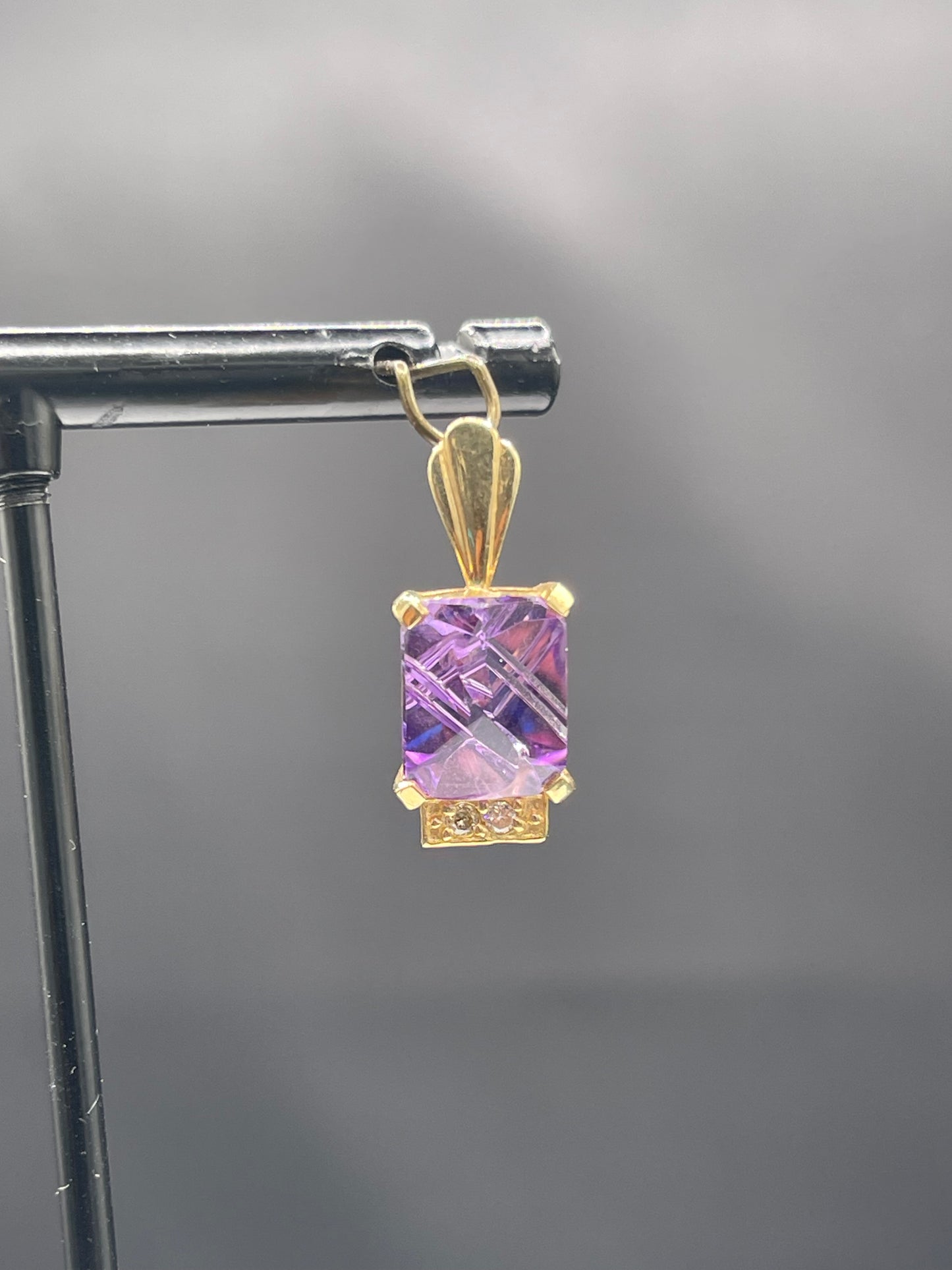 Elegant Laser Cut Natural Amethyst & Diamond 14k Yellow Gold Pendant - 3.20 Carats