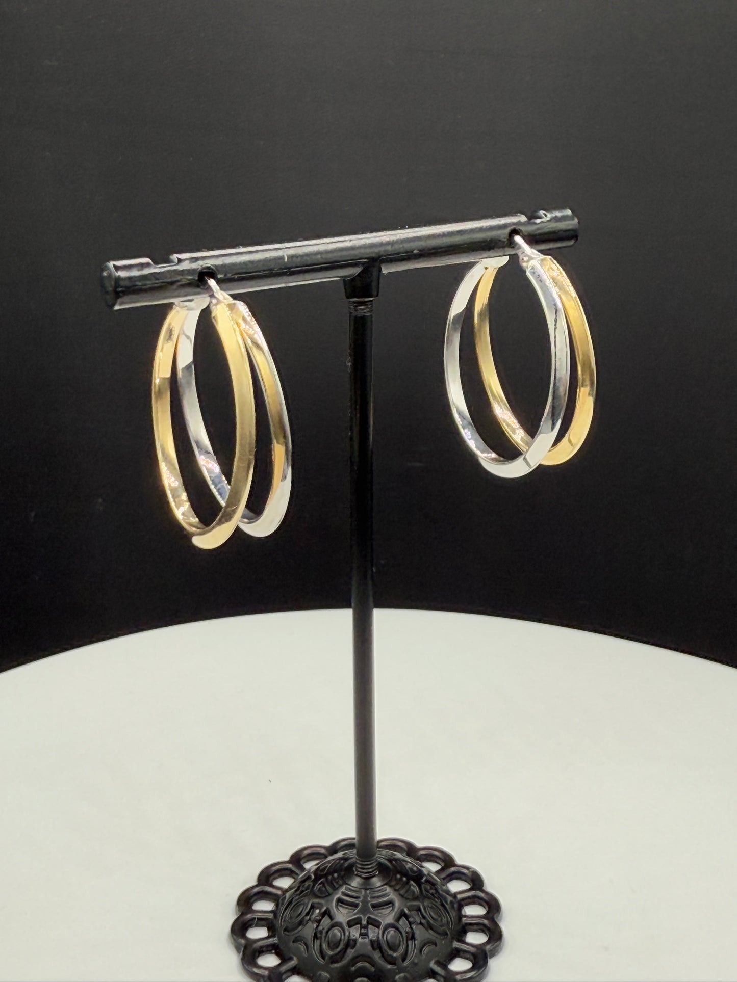 Solid 14k Yellow & White Gold Double Hoop Earrings | Italian Designer Reino O. Saastamoinen