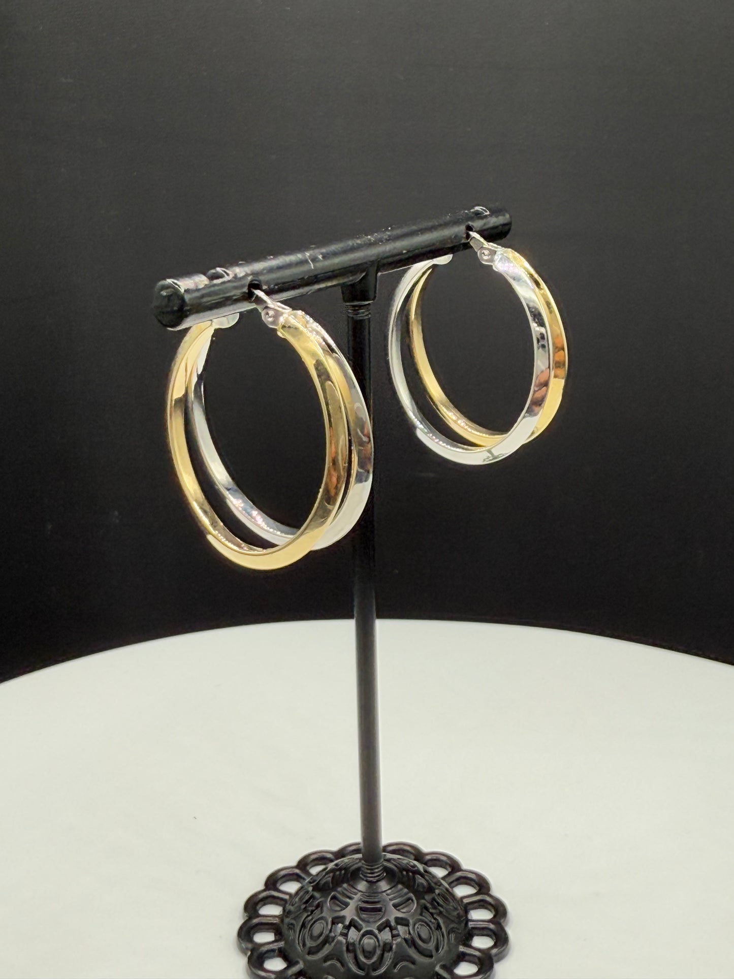 Solid 14k Yellow & White Gold Double Hoop Earrings | Italian Designer Reino O. Saastamoinen