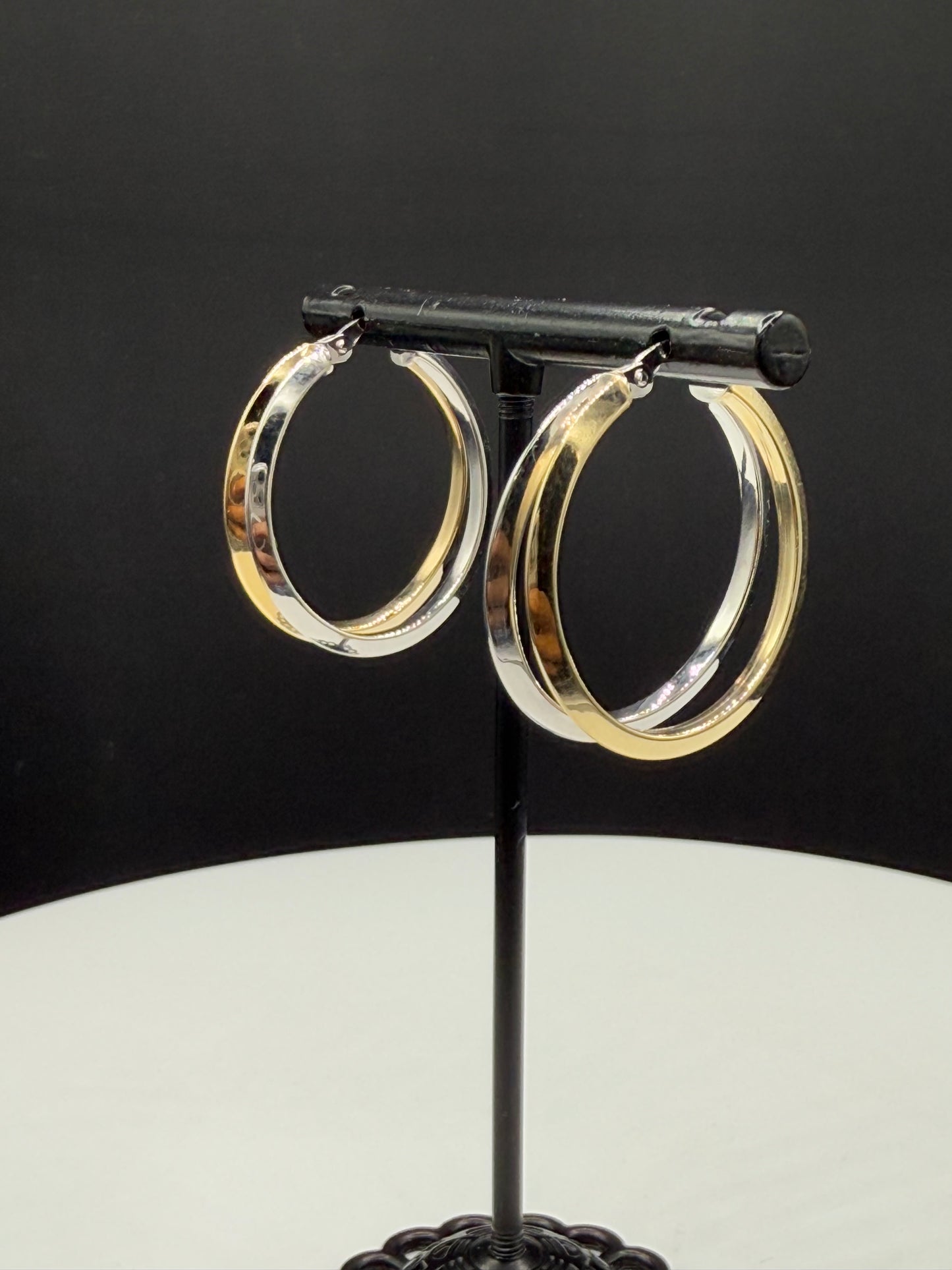 Solid 14k Yellow & White Gold Double Hoop Earrings | Italian Designer Reino O. Saastamoinen