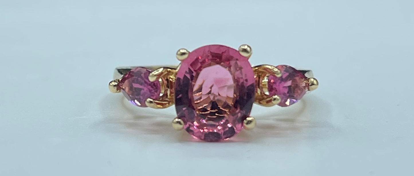 Elegant Natural Rubellite Pink Tourmaline 14k Yellow Gold Ring | 3 Carats Total | Size 6.5