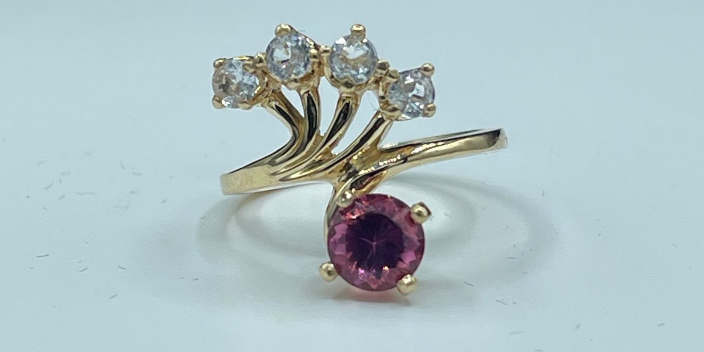 Natural Rubellite Tourmaline & White Sapphire 14k Yellow Gold Ring - Size 6.25