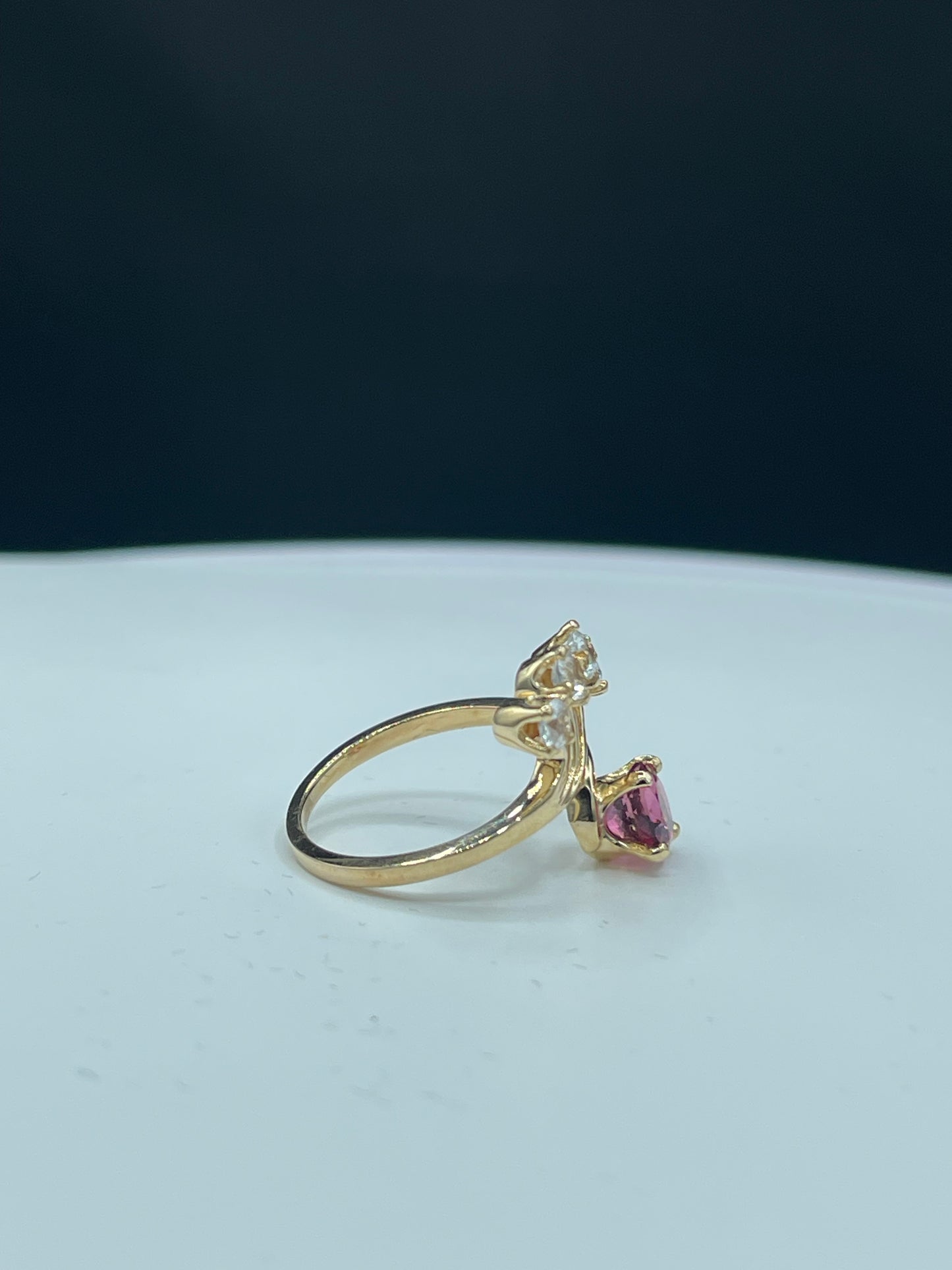 Natural Rubellite Tourmaline & White Sapphire 14k Yellow Gold Ring - Size 6.25