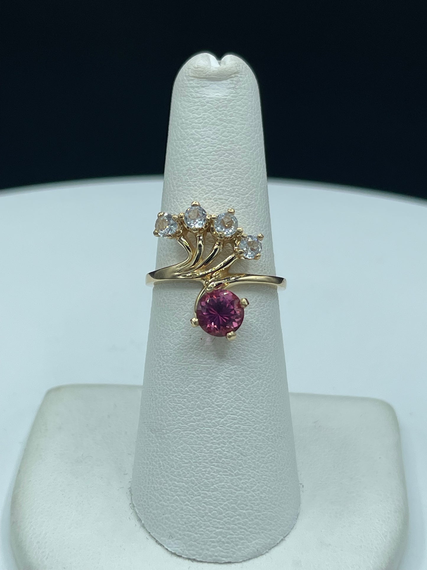 Natural Rubellite Tourmaline & White Sapphire 14k Yellow Gold Ring - Size 6.25