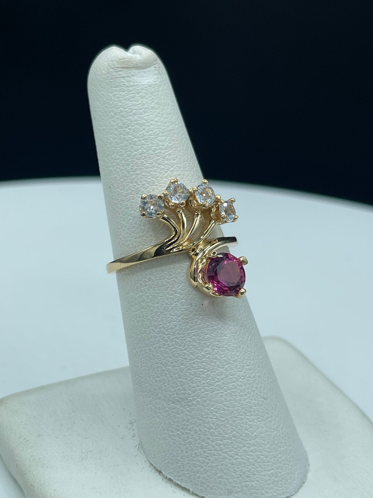 Natural Rubellite Tourmaline & White Sapphire 14k Yellow Gold Ring - Size 6.25