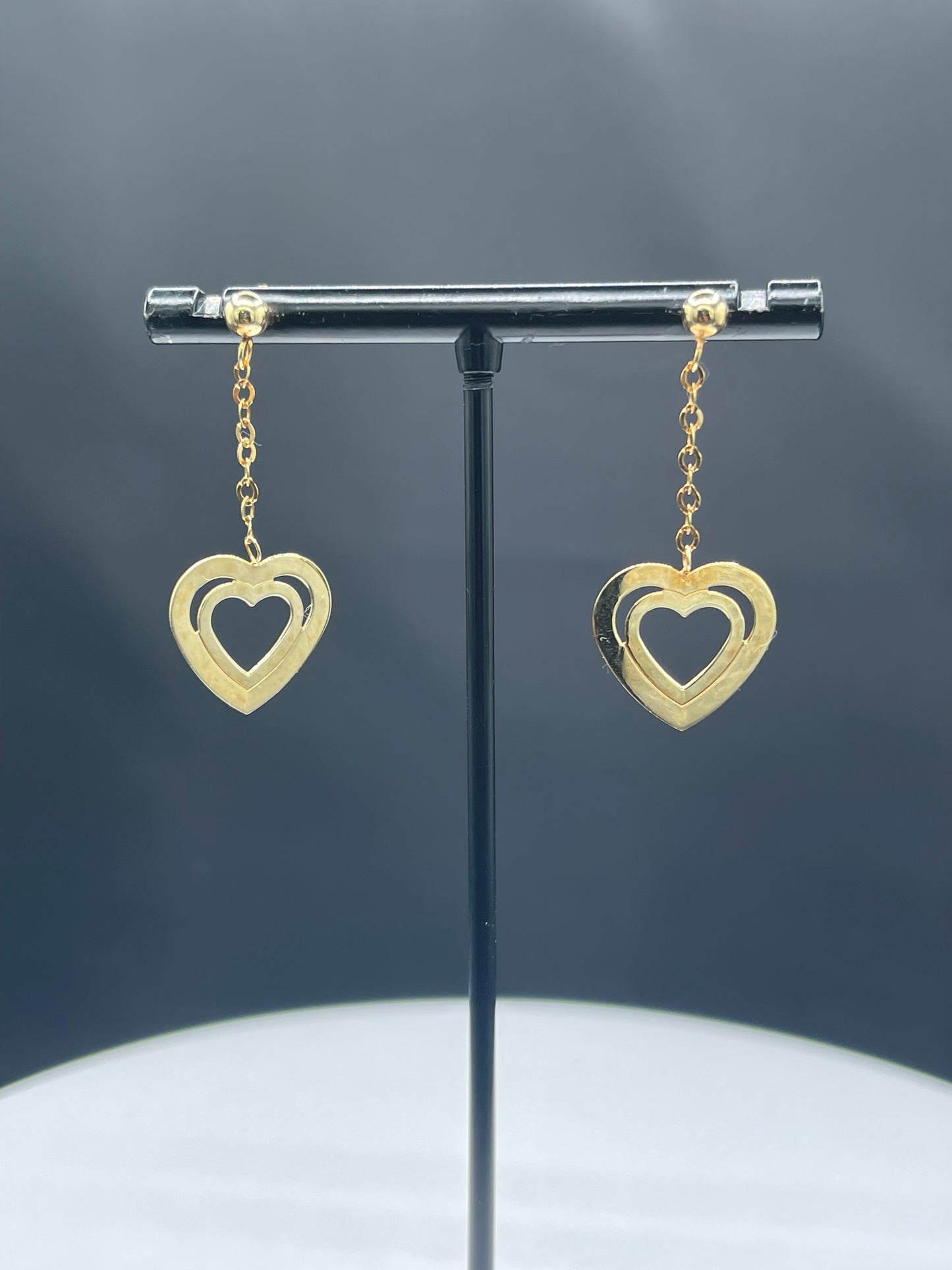 Handmade Solid 14k Yellow Gold Heart Dangle Earrings - 1.44 Inches - Stamped 14k