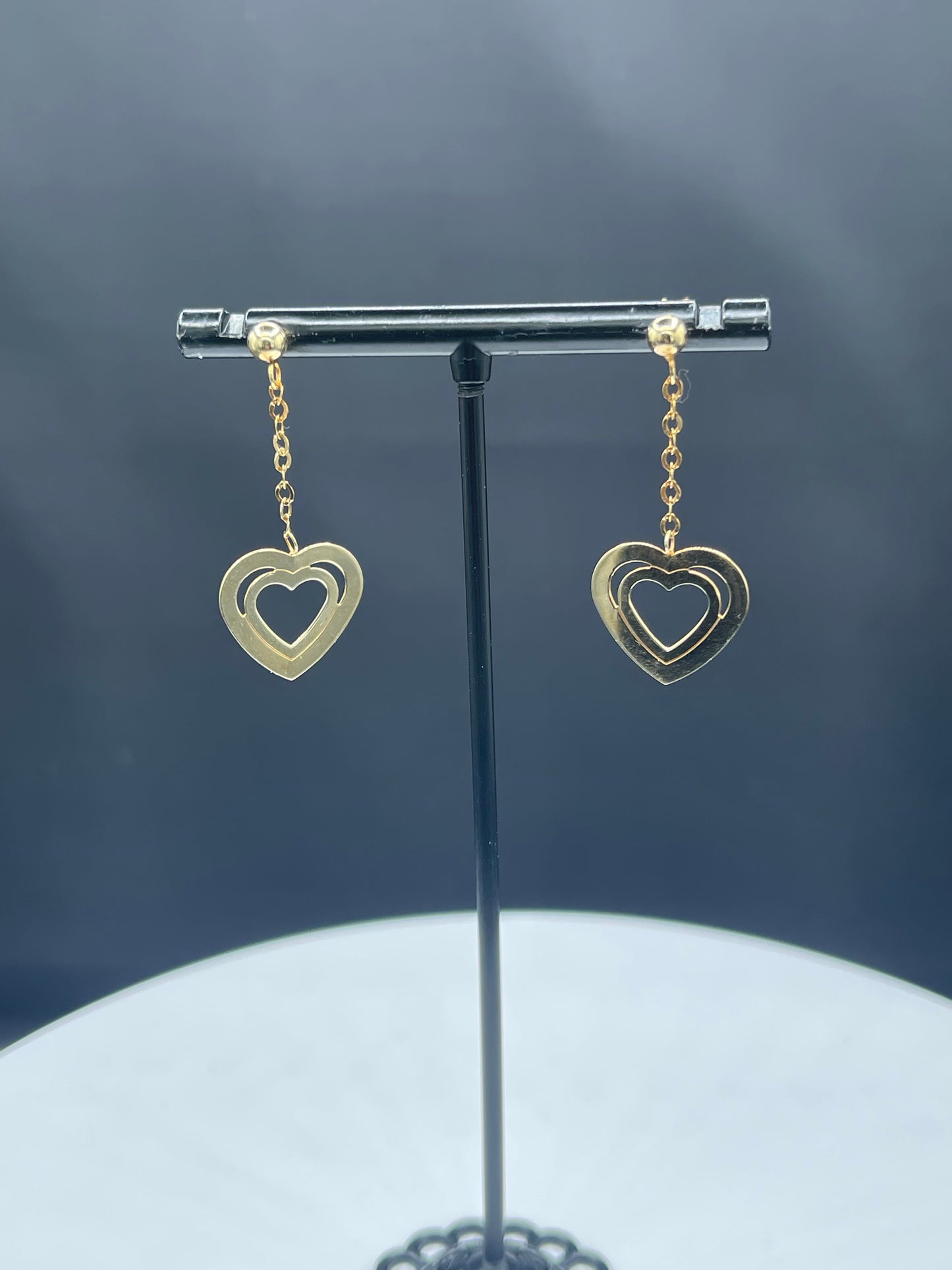 Handmade Solid 14k Yellow Gold Heart Dangle Earrings - 1.44 Inches - Stamped 14k