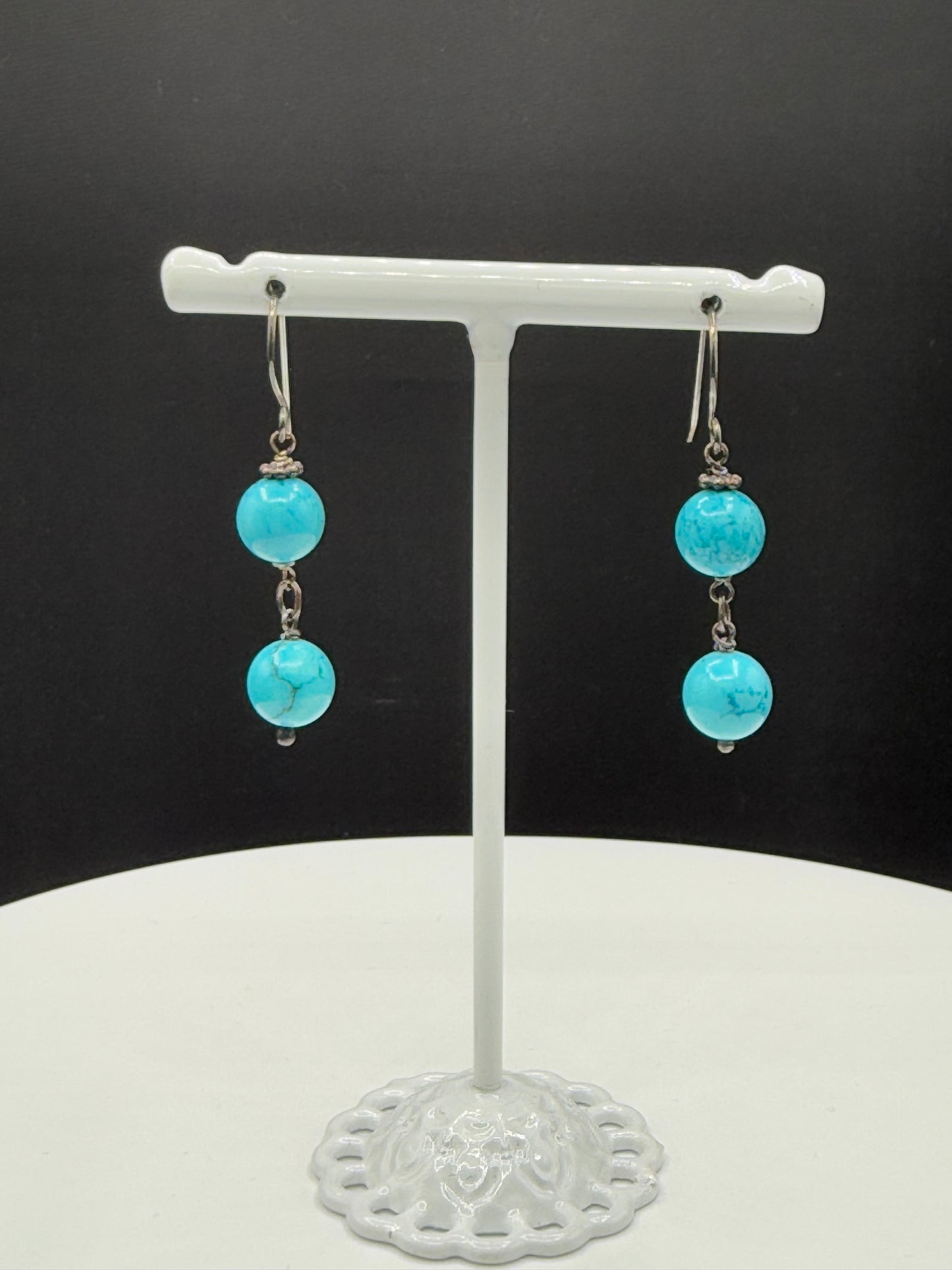 Handmade Natural Turquoise Bead Sterling Silver Dangle Earrings