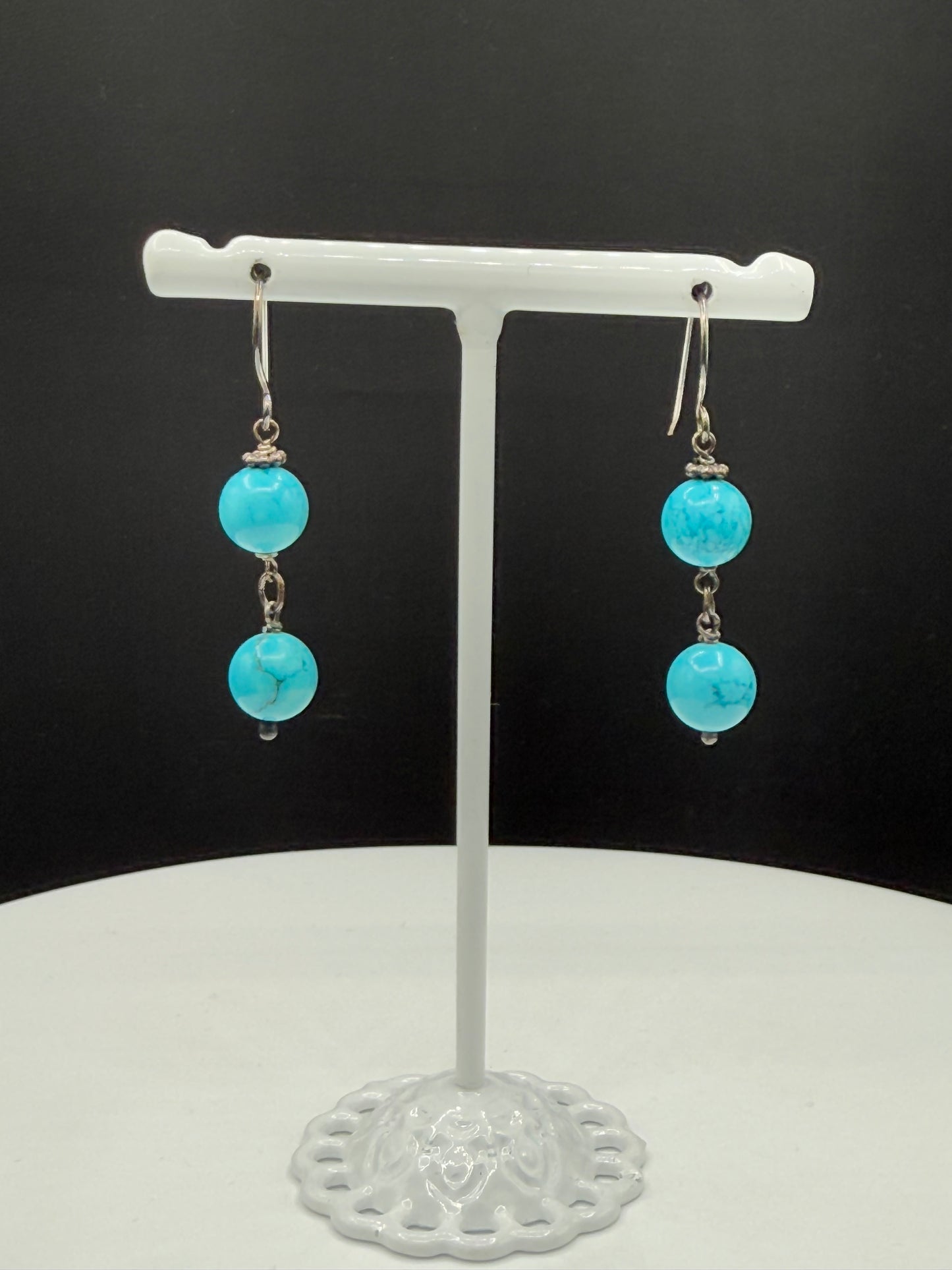 Handmade Natural Turquoise Bead Sterling Silver Dangle Earrings