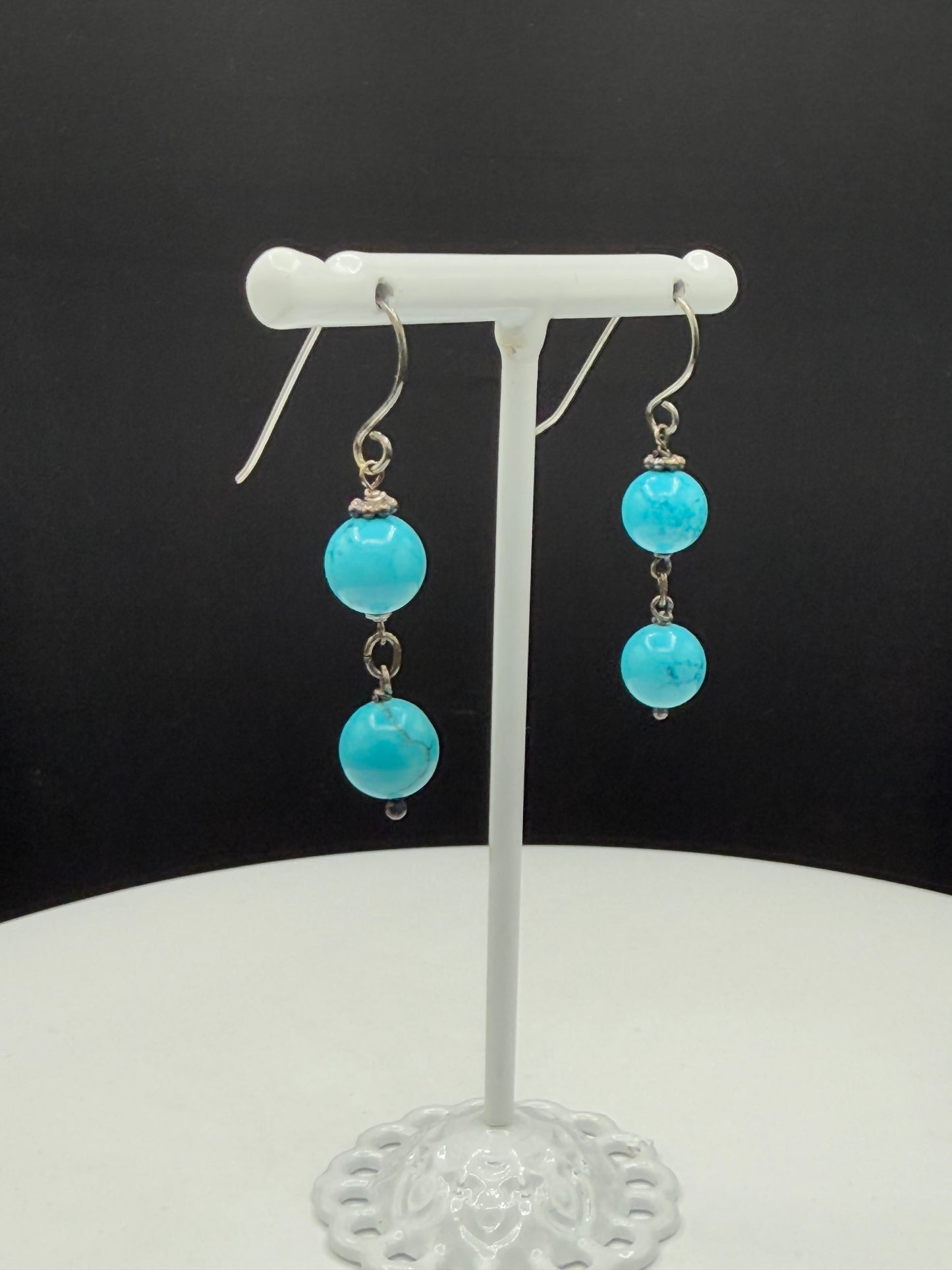 Handmade Natural Turquoise Bead Sterling Silver Dangle Earrings