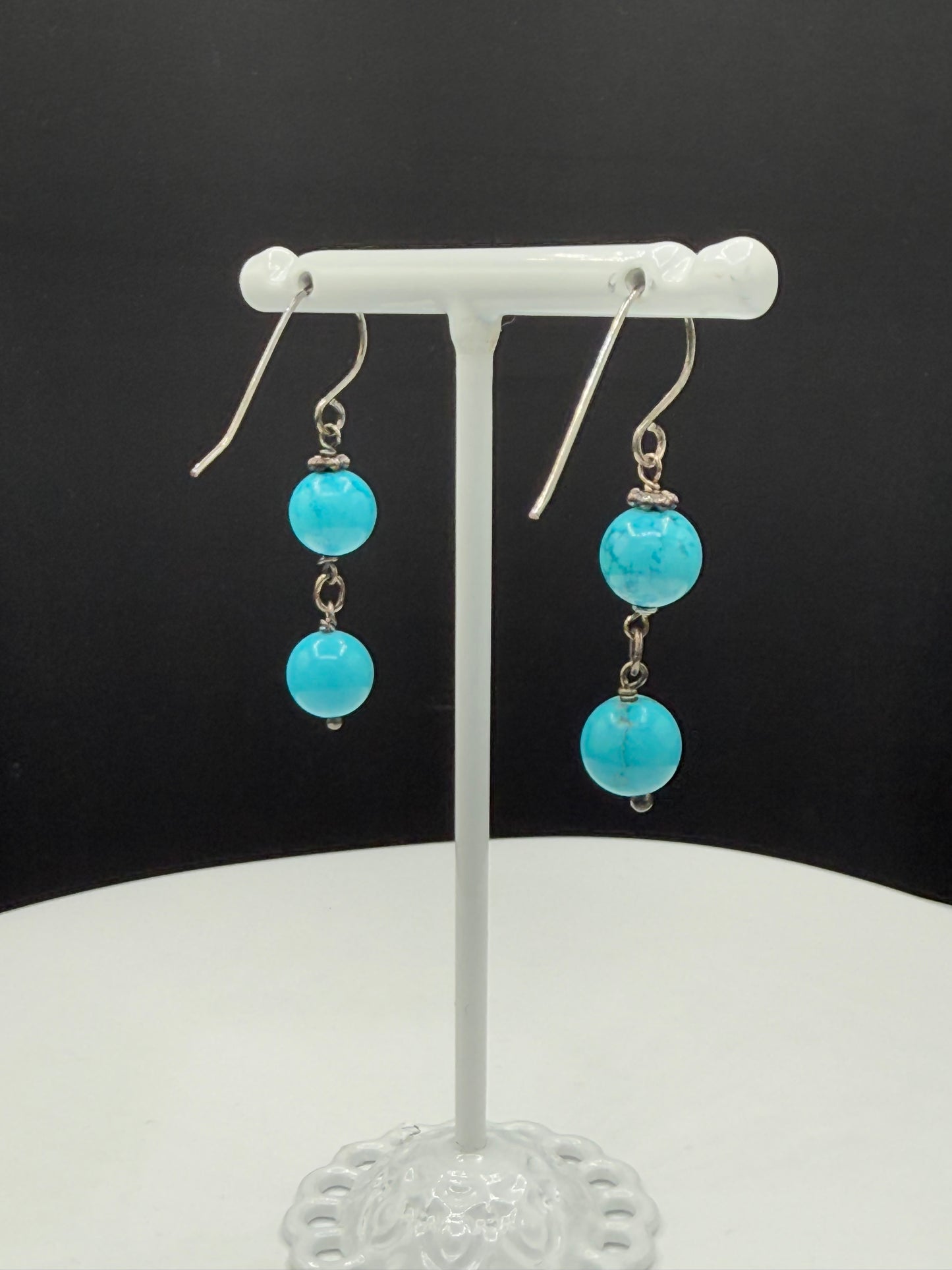 Handmade Natural Turquoise Bead Sterling Silver Dangle Earrings