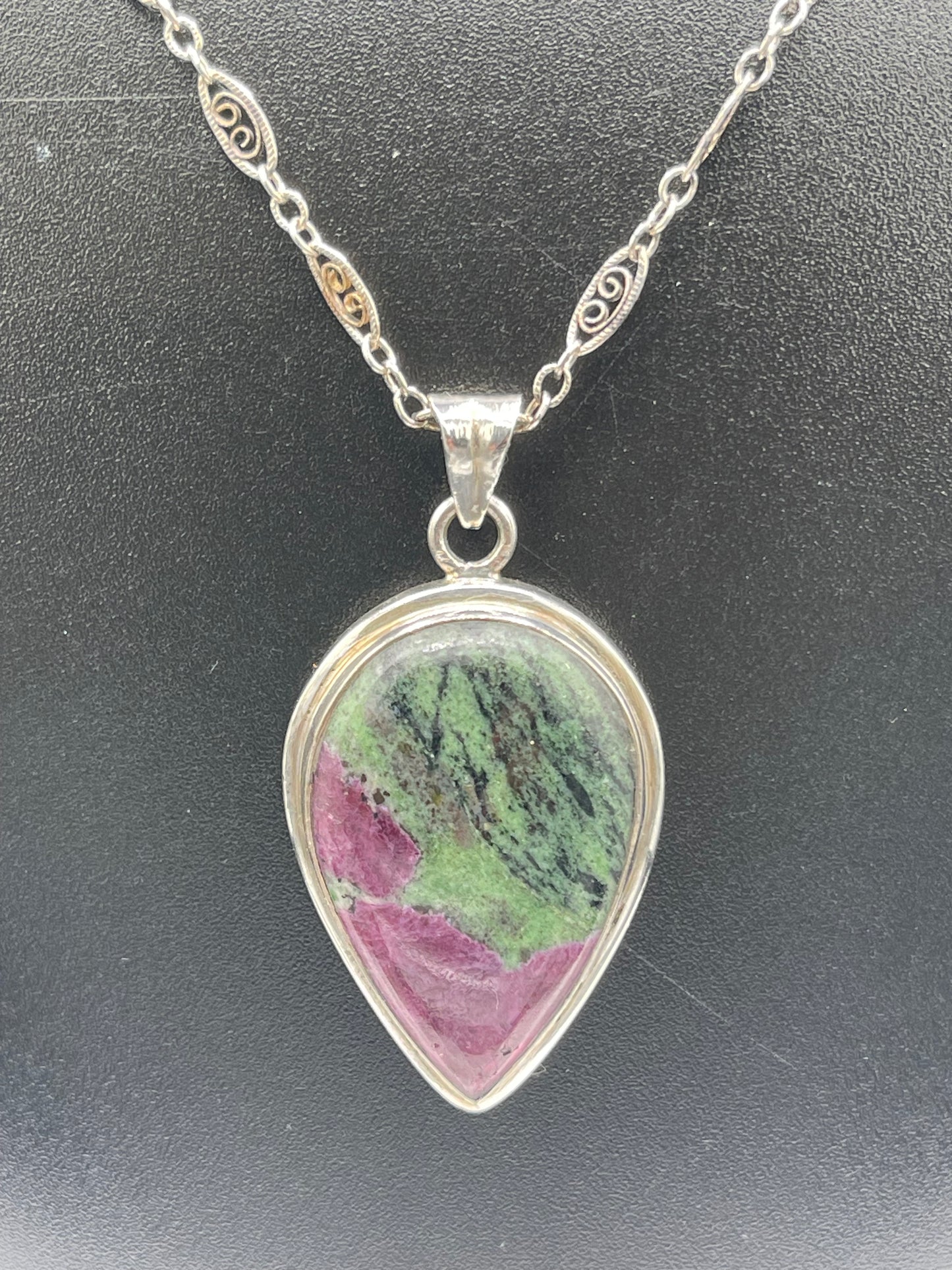 Handmade Natural Ruby Zoisite Sterling Silver Pendant Necklace | 18” Chain | Stamped 925