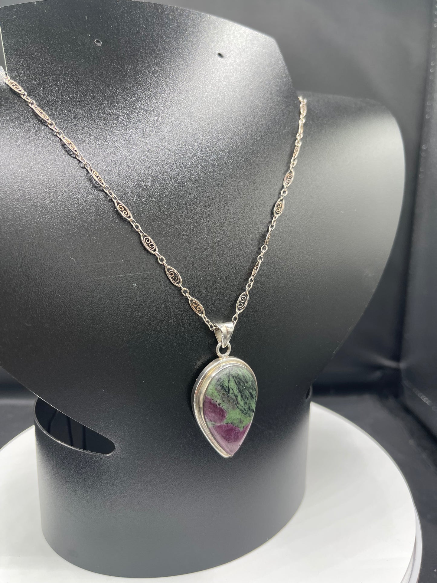 Handmade Natural Ruby Zoisite Sterling Silver Pendant Necklace | 18” Chain | Stamped 925