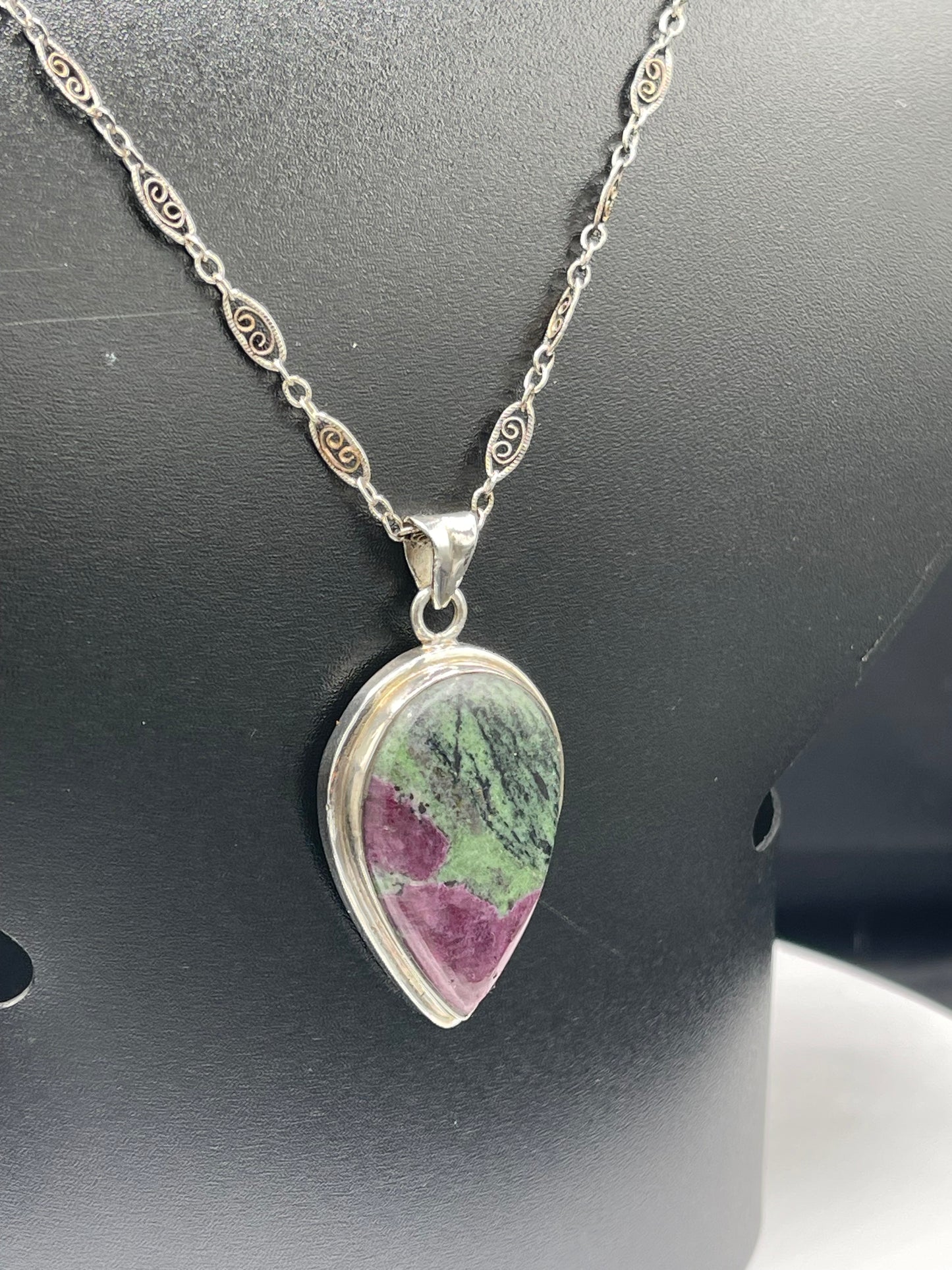 Handmade Natural Ruby Zoisite Sterling Silver Pendant Necklace | 18” Chain | Stamped 925