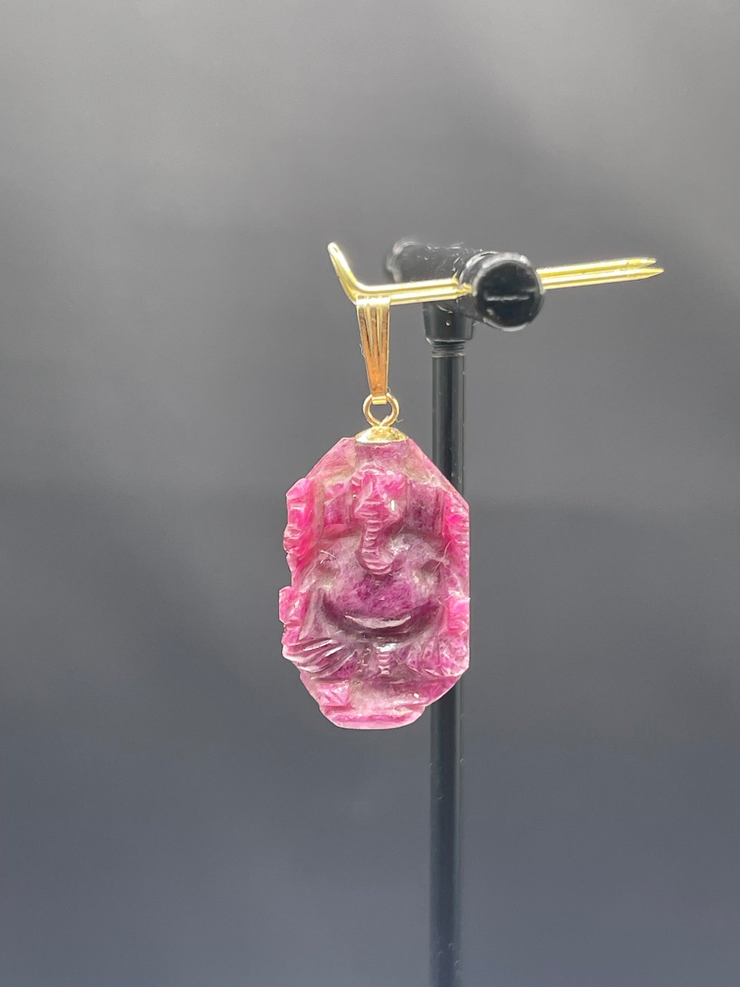 Natural 21 Carat Ruby Hand Carved Lord Ganesh Pendant with 14k Yellow Gold Bail