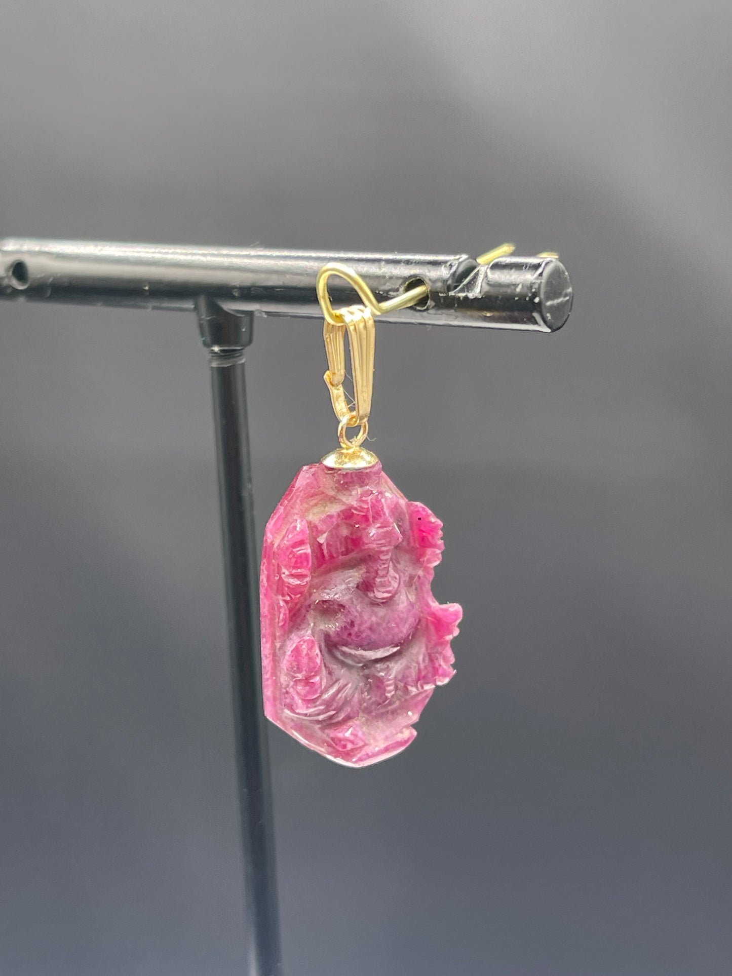 Natural 21 Carat Ruby Hand Carved Lord Ganesh Pendant with 14k Yellow Gold Bail